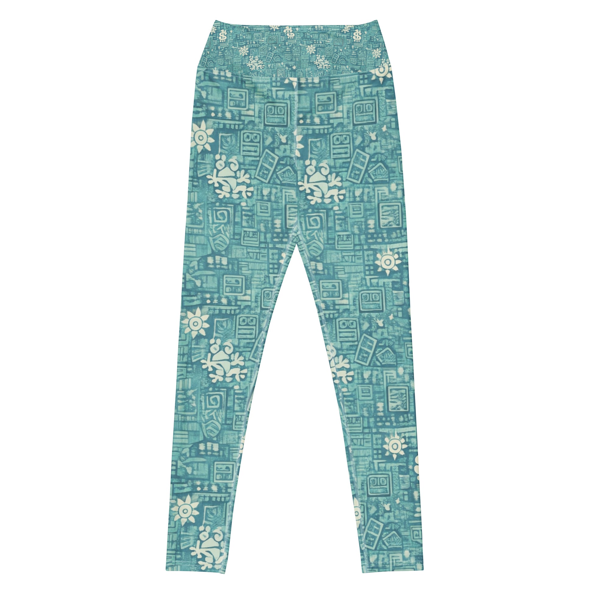 Pure⭐️Rican women’s teal high-waisted yoga pants with all-over island-inspired heritage print, front view