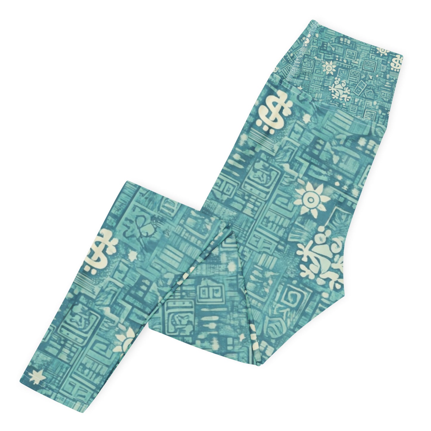 Pure⭐️Rican women’s teal performance yoga leggings with cultural island pattern, back view