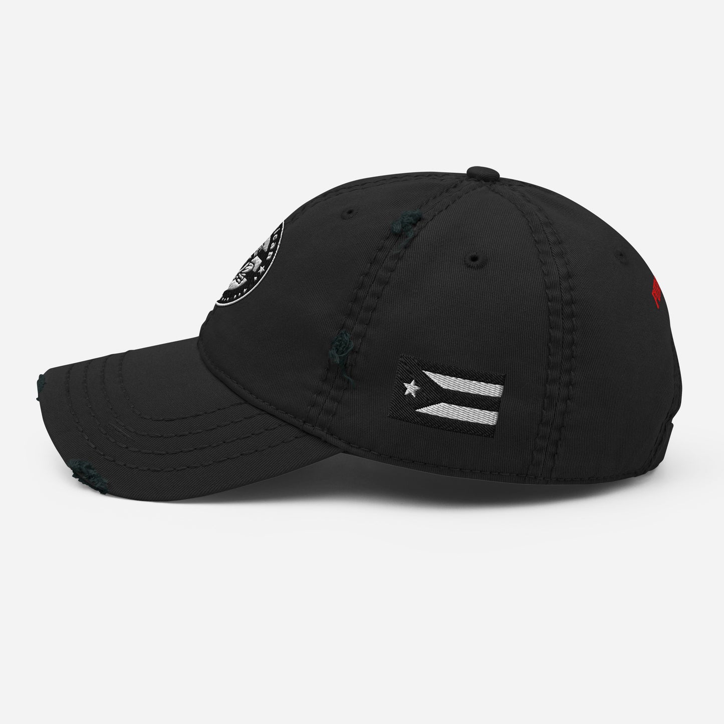 Product moc Black distressed dad hat featuring a circular “Pure★Rican” OG emblem on the front and a Puerto Rican flag patch on the side.
