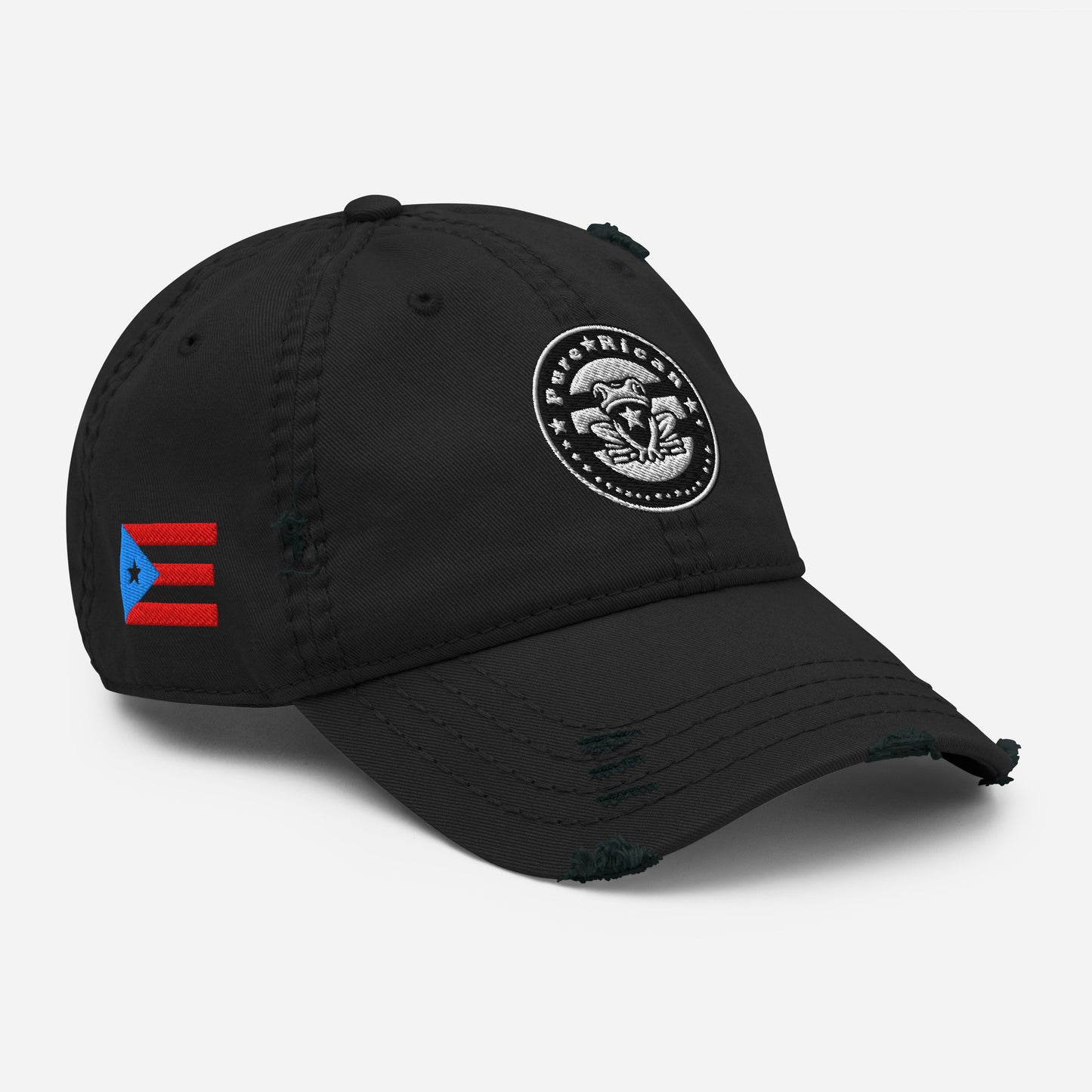 Product moc Black distressed dad hat featuring a circular “Pure★Rican” OG emblem on the front and a Puerto Rican flag patch on the side.