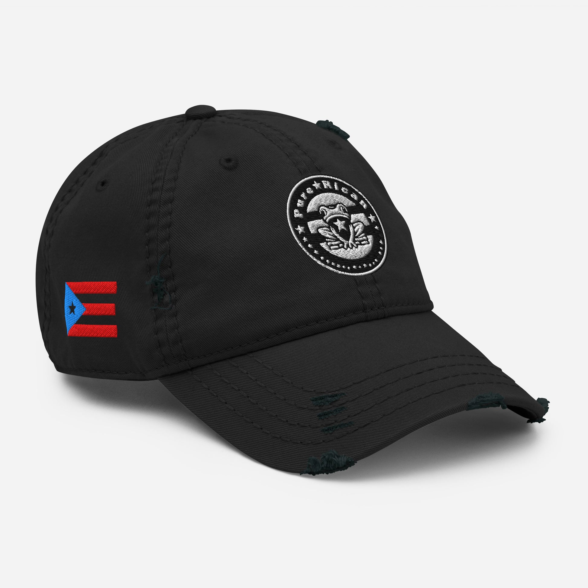 Product moc Black distressed dad hat featuring a circular “Pure★Rican” OG emblem on the front and a Puerto Rican flag patch on the side.