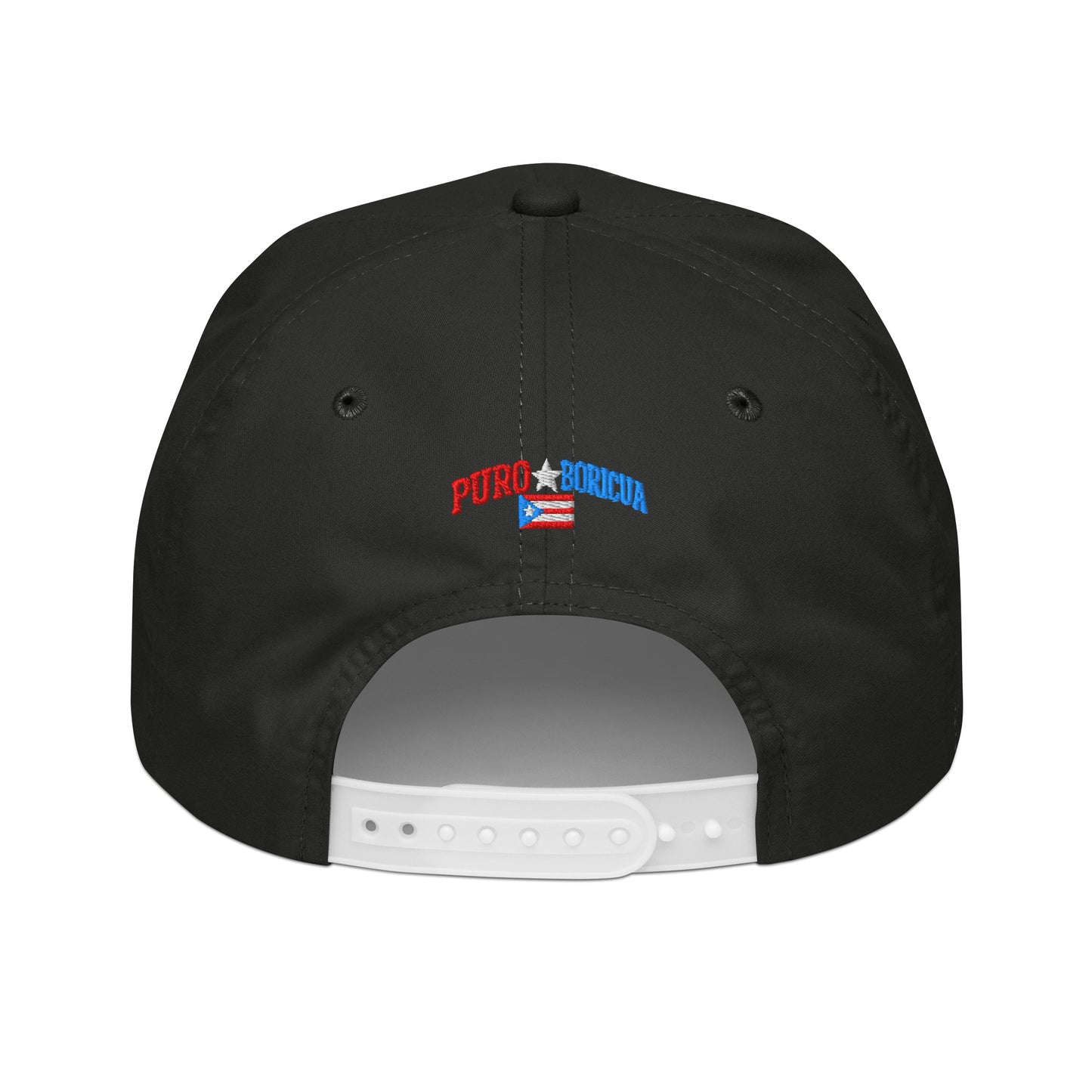 Back view of Pure⭐️Rican PURO BORICUA snapback showing embroidered Puerto Rican flag and adjustable snap closure.