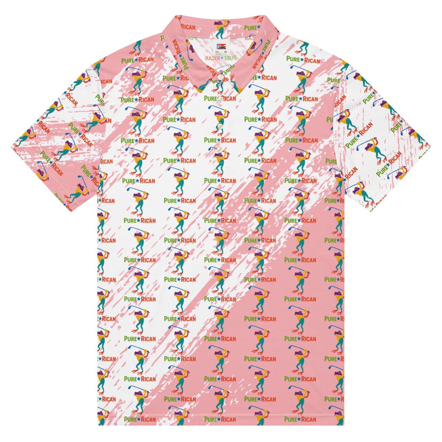 Pure⭐️Rican Sapo Golfer pink and white all-over print slim fit men’s polo