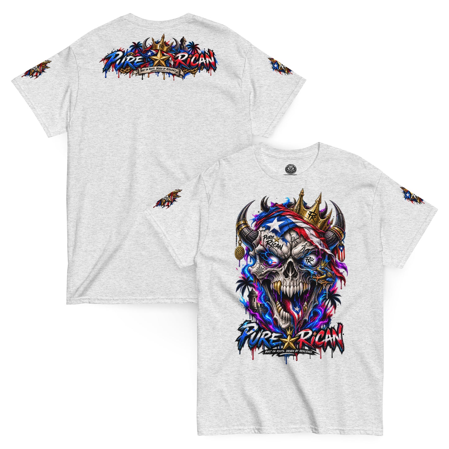 Pure⭐️Rican Crowned in Resilience tee in Ash, front and back mockup with oversized crowned Puerto Rican skull front graphic, heritage back design, and sleeve details