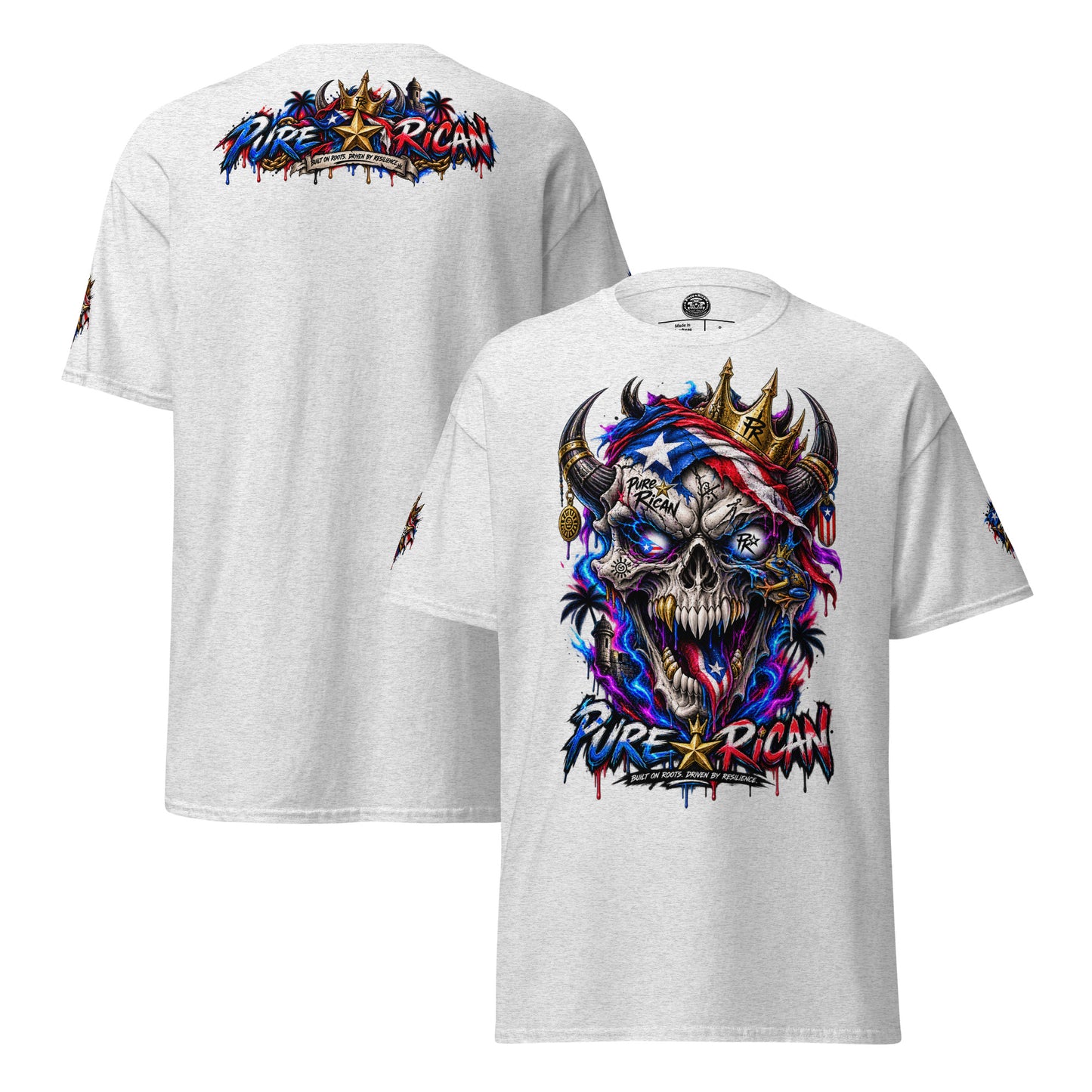 Pure⭐️Rican Crowned in Resilience tee in Ash, alternate front and back mockup with oversized crowned Puerto Rican skull front graphic, heritage back design, and sleeve details