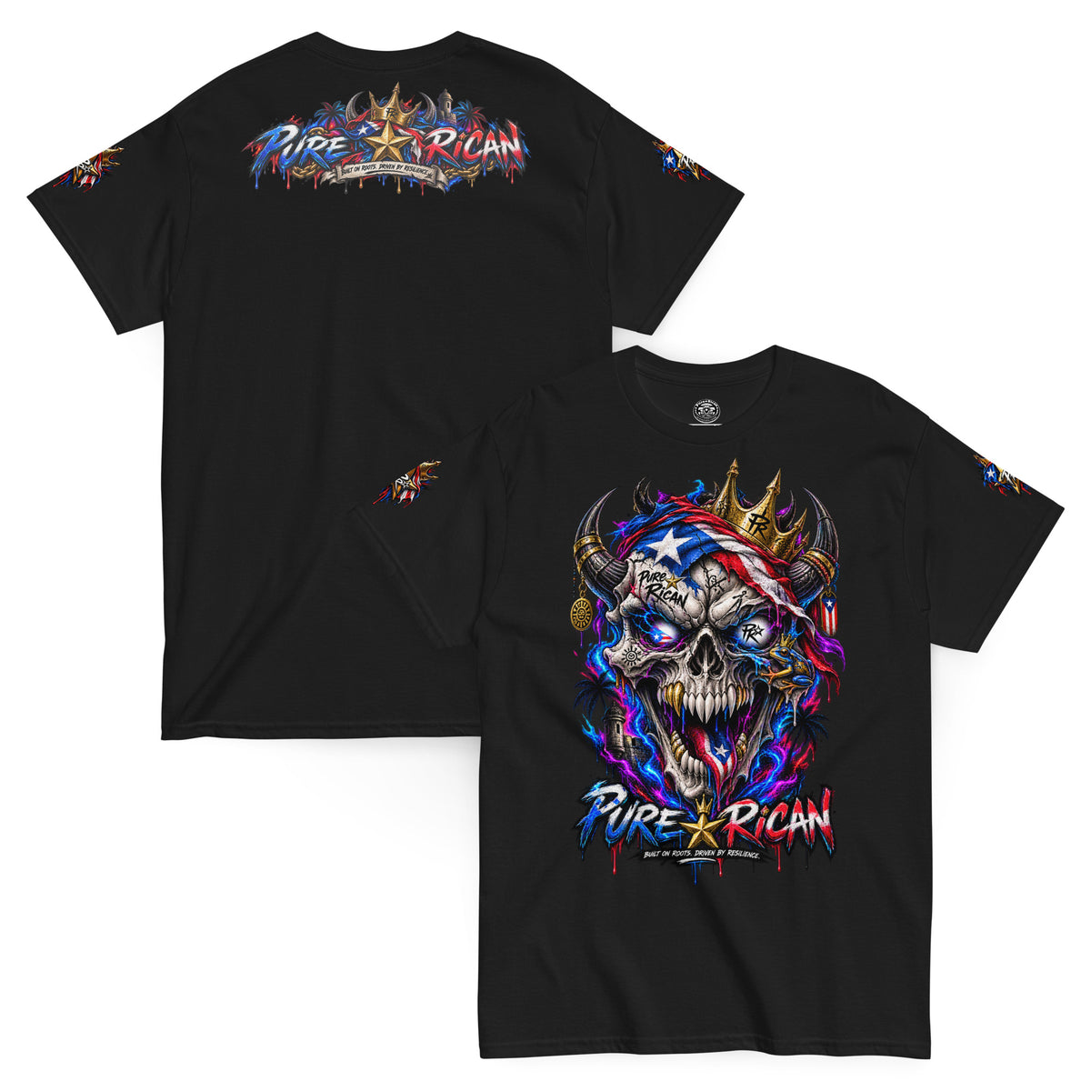 Pure⭐️Rican Crowned in Resilience tee in Black, front and back mockup with oversized crowned Puerto Rican skull front graphic, heritage back design, and sleeve details