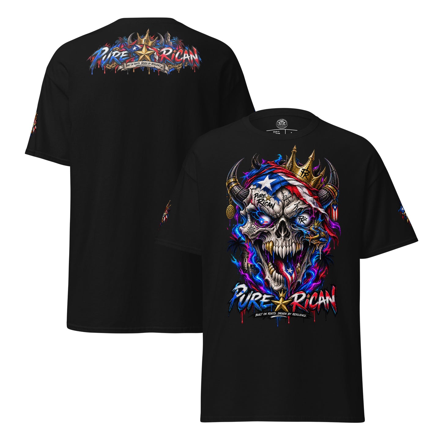 Pure⭐️Rican Crowned in Resilience tee in Black, alternate front and back mockup with oversized crowned Puerto Rican skull front graphic, heritage back design, and sleeve details