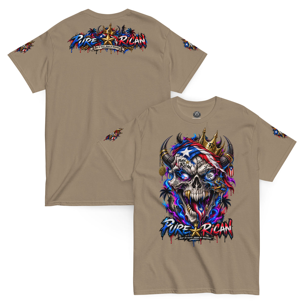 Pure⭐️Rican Crowned in Resilience tee in Brown Savana, front and back mockup with oversized crowned Puerto Rican skull front graphic, heritage back design, and sleeve details