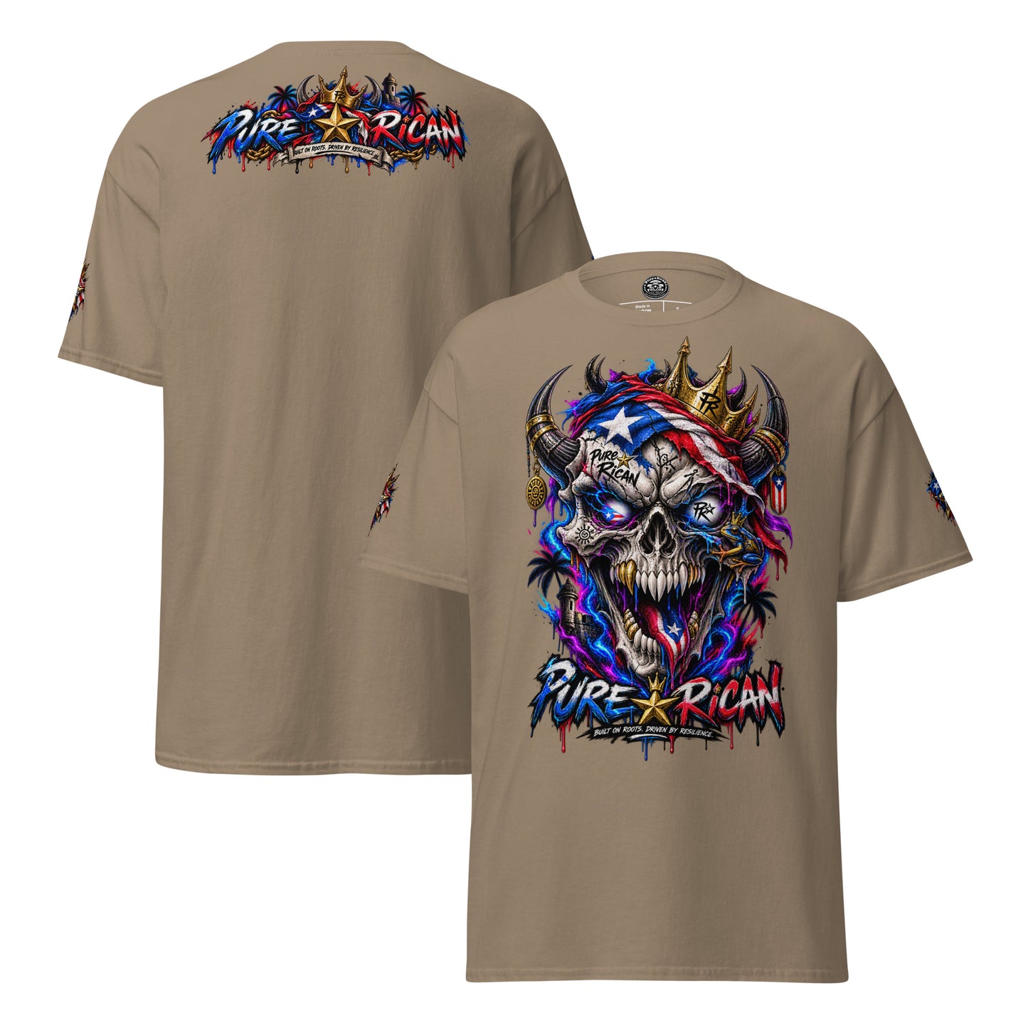 Pure⭐️Rican Crowned in Resilience tee in Brown Savana, alternate front and back mockup with oversized crowned Puerto Rican skull front graphic, heritage back design, and sleeve details