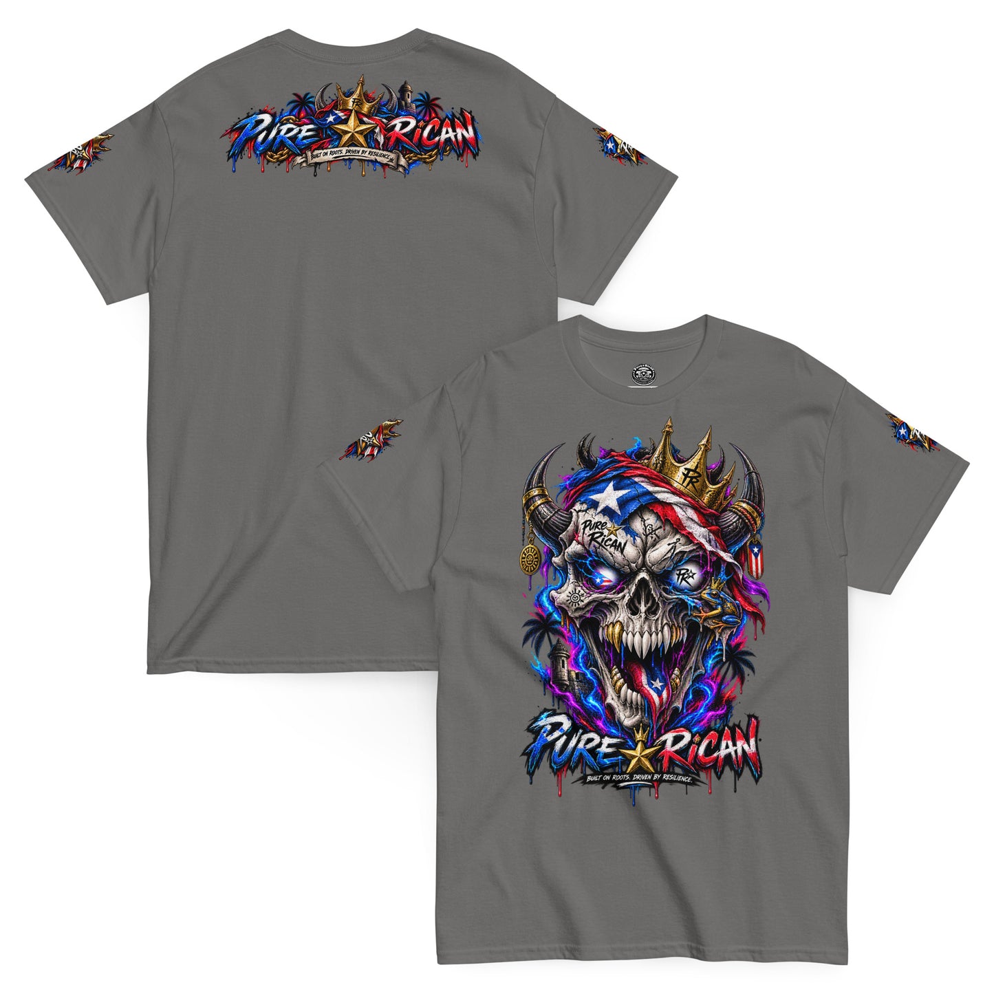 Pure⭐️Rican Crowned in Resilience tee in Charcoal, front and back mockup with oversized crowned Puerto Rican skull front graphic, heritage back design, and sleeve details