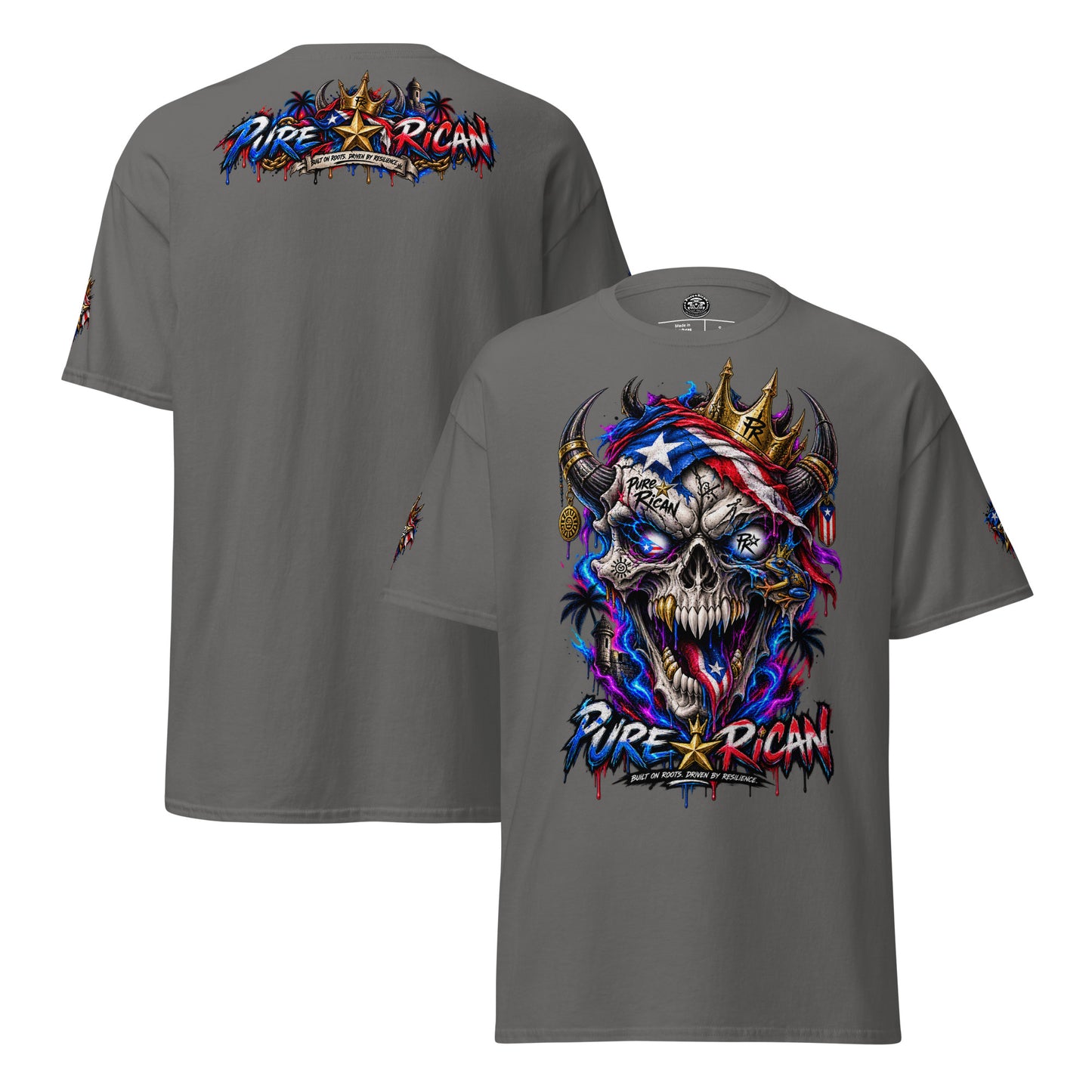 Pure⭐️Rican Crowned in Resilience tee in Charcoal, alternate front and back mockup with oversized crowned Puerto Rican skull front graphic, heritage back design, and sleeve details
