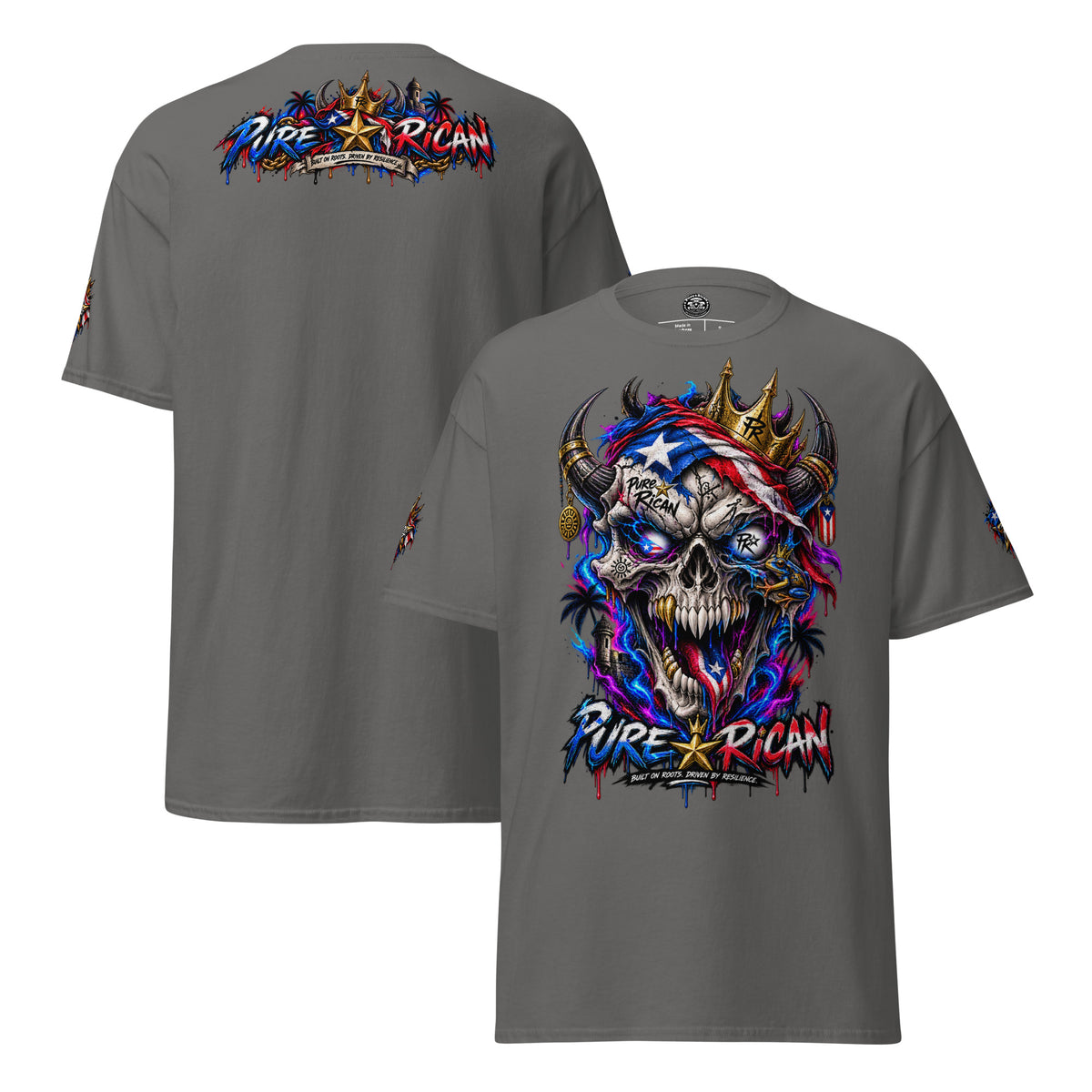 Pure⭐️Rican Crowned in Resilience tee in Charcoal, alternate front and back mockup with oversized crowned Puerto Rican skull front graphic, heritage back design, and sleeve details