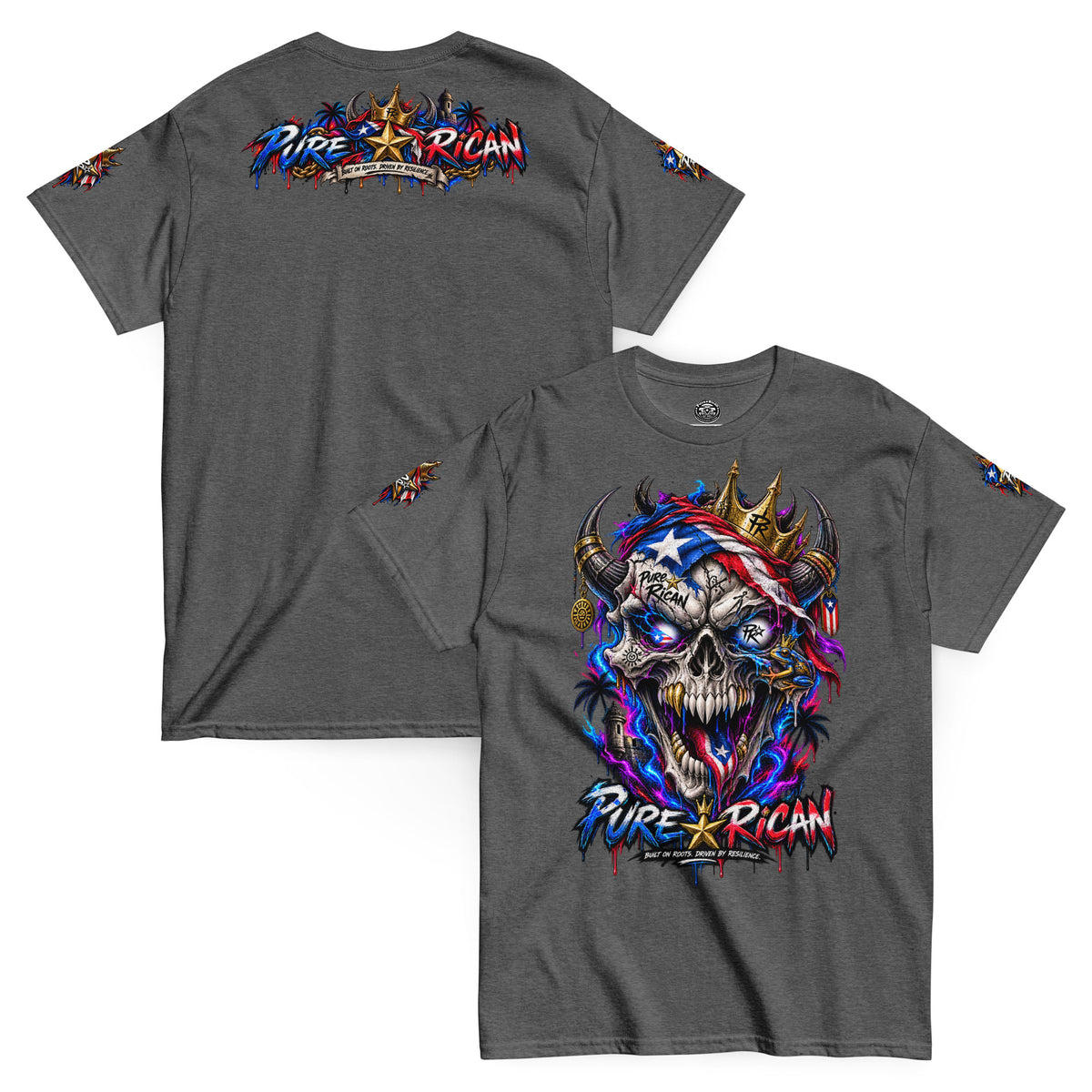 Pure⭐️Rican Crowned in Resilience tee in Dark Heather, front and back mockup with oversized crowned Puerto Rican skull front graphic, heritage back design, and sleeve details