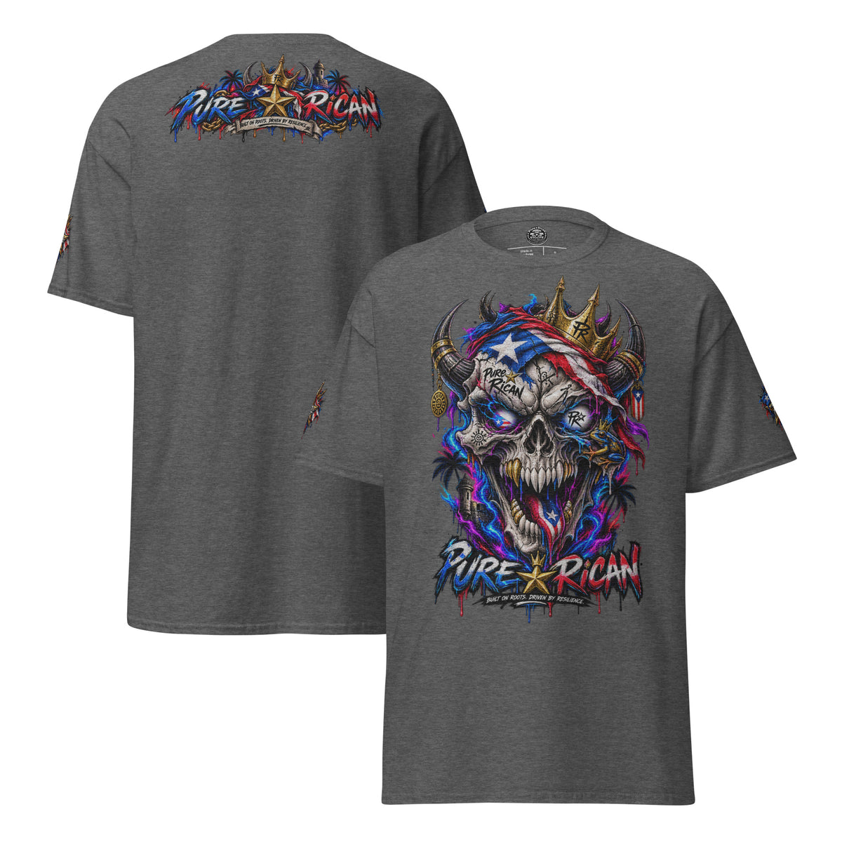 Pure⭐️Rican Crowned in Resilience tee in Dark Heather, alternate front and back mockup with oversized crowned Puerto Rican skull front graphic, heritage back design, and sleeve details