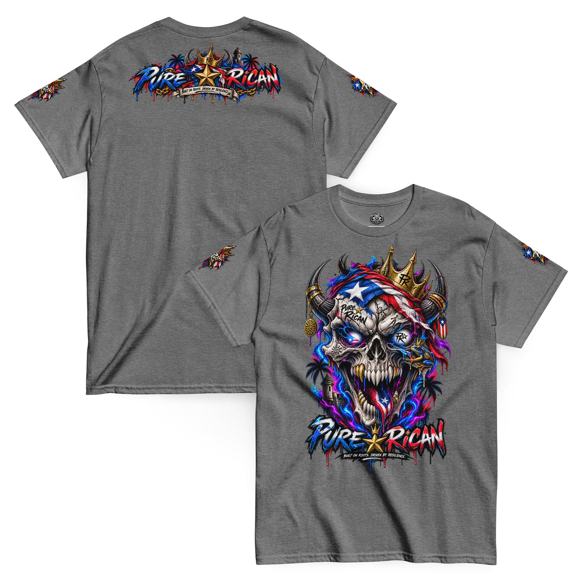 Pure⭐️Rican Crowned in Resilience tee in Graphite Heather, front and back mockup with oversized crowned Puerto Rican skull front graphic, heritage back design, and sleeve details