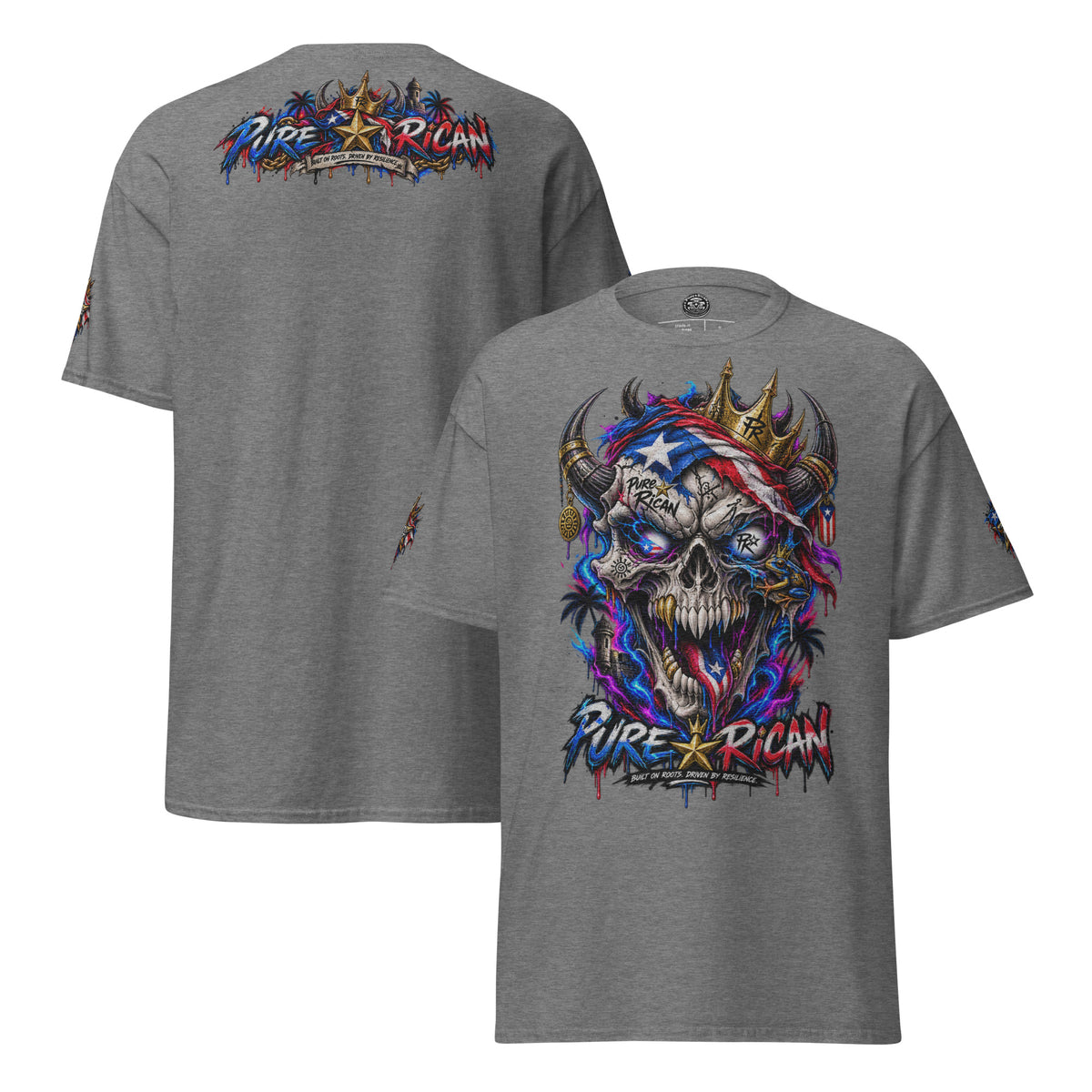 Pure⭐️Rican Crowned in Resilience tee in Graphite Heather, alternate front and back mockup with oversized crowned Puerto Rican skull front graphic, heritage back design, and sleeve details