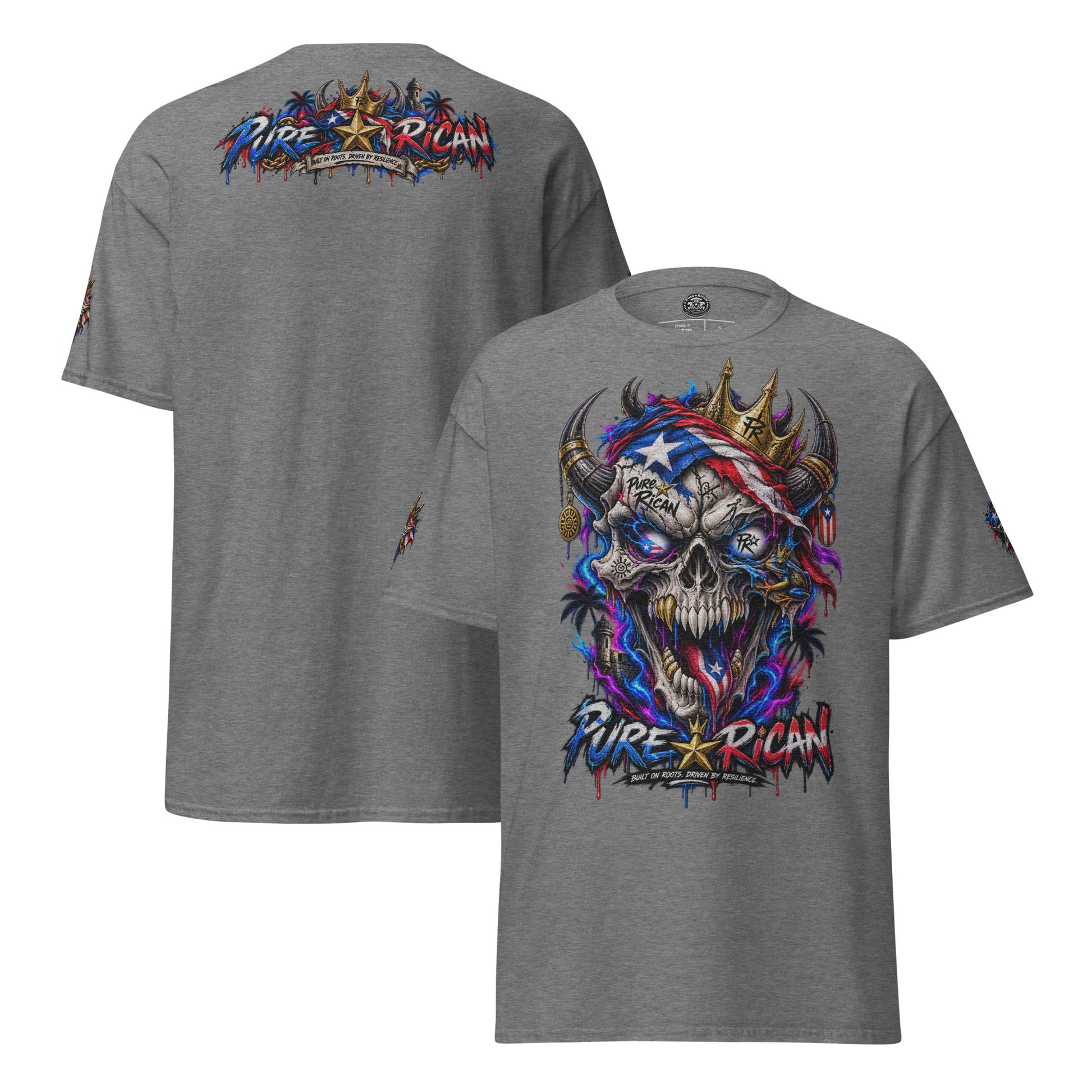 Pure⭐️Rican Crowned in Resilience tee in Graphite Heather, alternate front and back mockup with oversized crowned Puerto Rican skull front graphic, heritage back design, and sleeve details