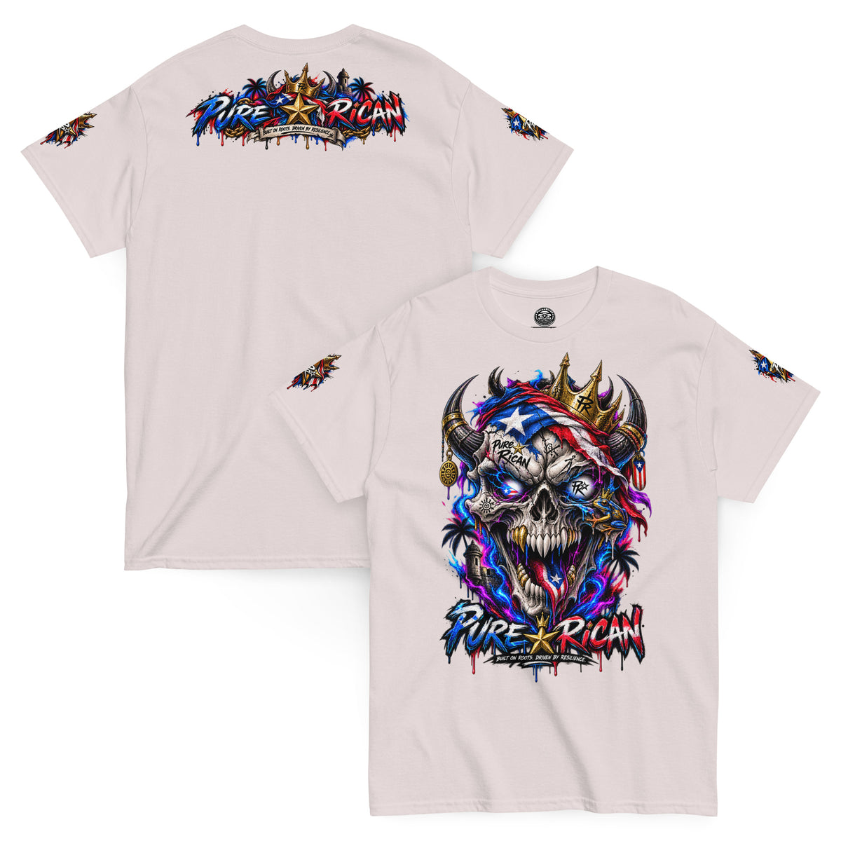 Pure⭐️Rican Crowned in Resilience tee in Ice Grey, front and back mockup with oversized crowned Puerto Rican skull front graphic, heritage back design, and sleeve details