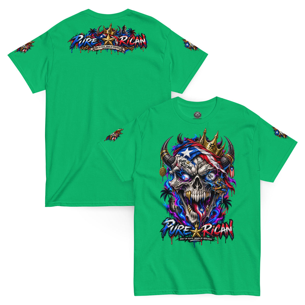 Pure⭐️Rican Crowned in Resilience tee in Irish Green, front and back mockup with oversized crowned Puerto Rican skull front graphic, heritage back design, and sleeve details