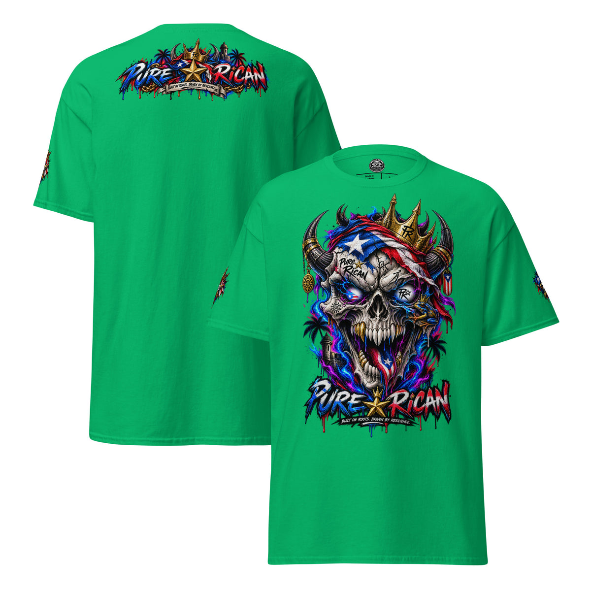 Pure⭐️Rican Crowned in Resilience tee in Irish Green, alternate front and back mockup with oversized crowned Puerto Rican skull front graphic, heritage back design, and sleeve details