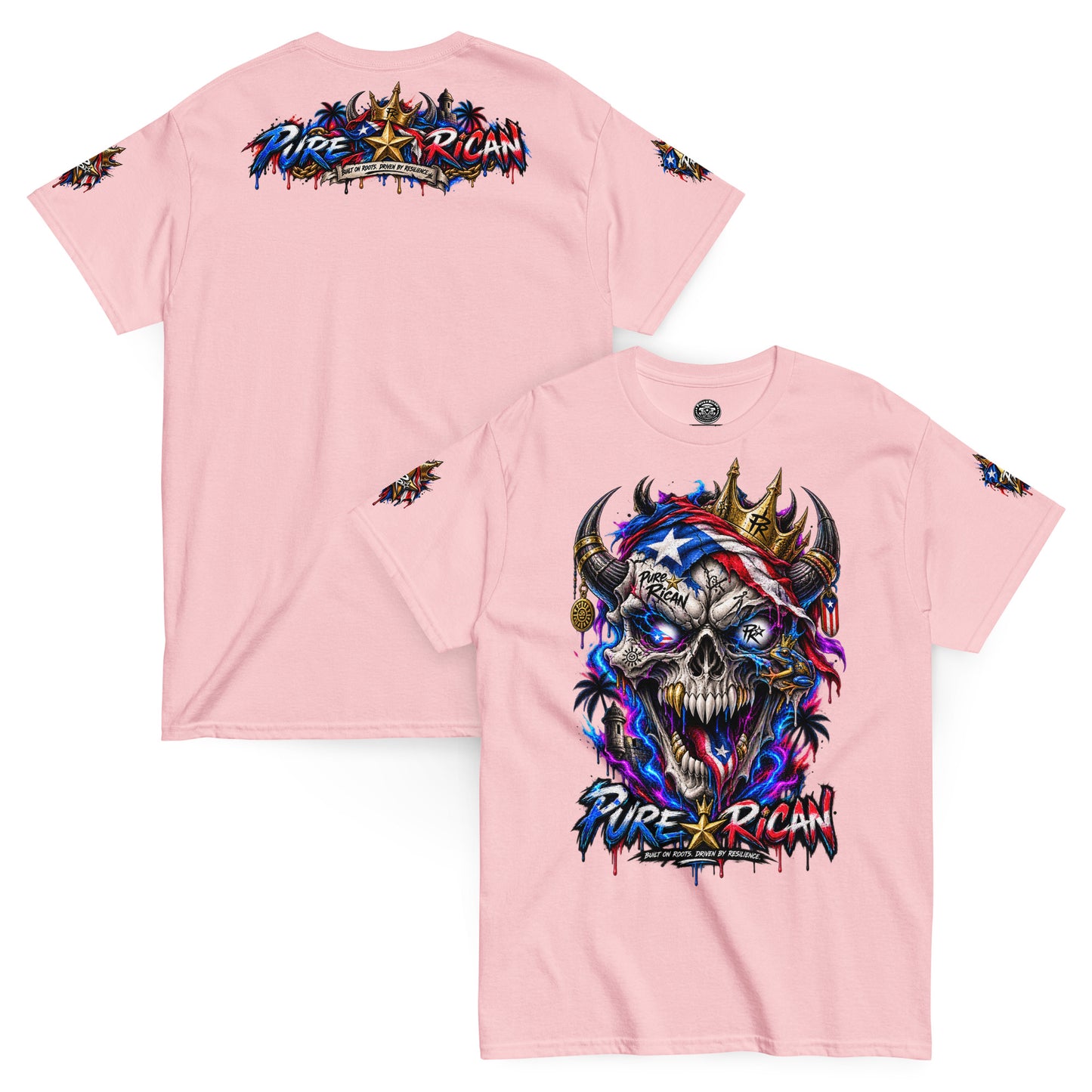Pure⭐️Rican Crowned in Resilience tee in Light Pink, front and back mockup with oversized crowned Puerto Rican skull front graphic, heritage back design, and sleeve details