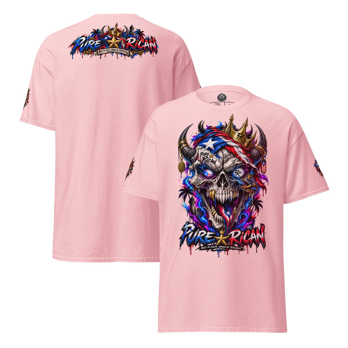 Pure⭐️Rican Crowned in Resilience tee in Light Pink, alternate front and back mockup with oversized crowned Puerto Rican skull front graphic, heritage back design, and sleeve details