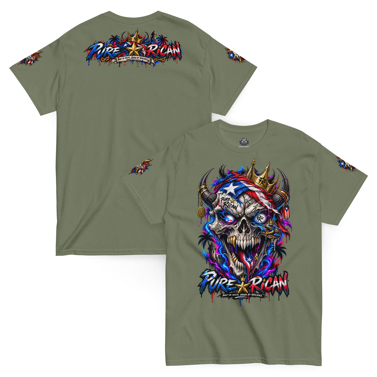 Pure⭐️Rican Crowned in Resilience tee in Military Green, front and back mockup with oversized crowned Puerto Rican skull front graphic, heritage back design, and sleeve details