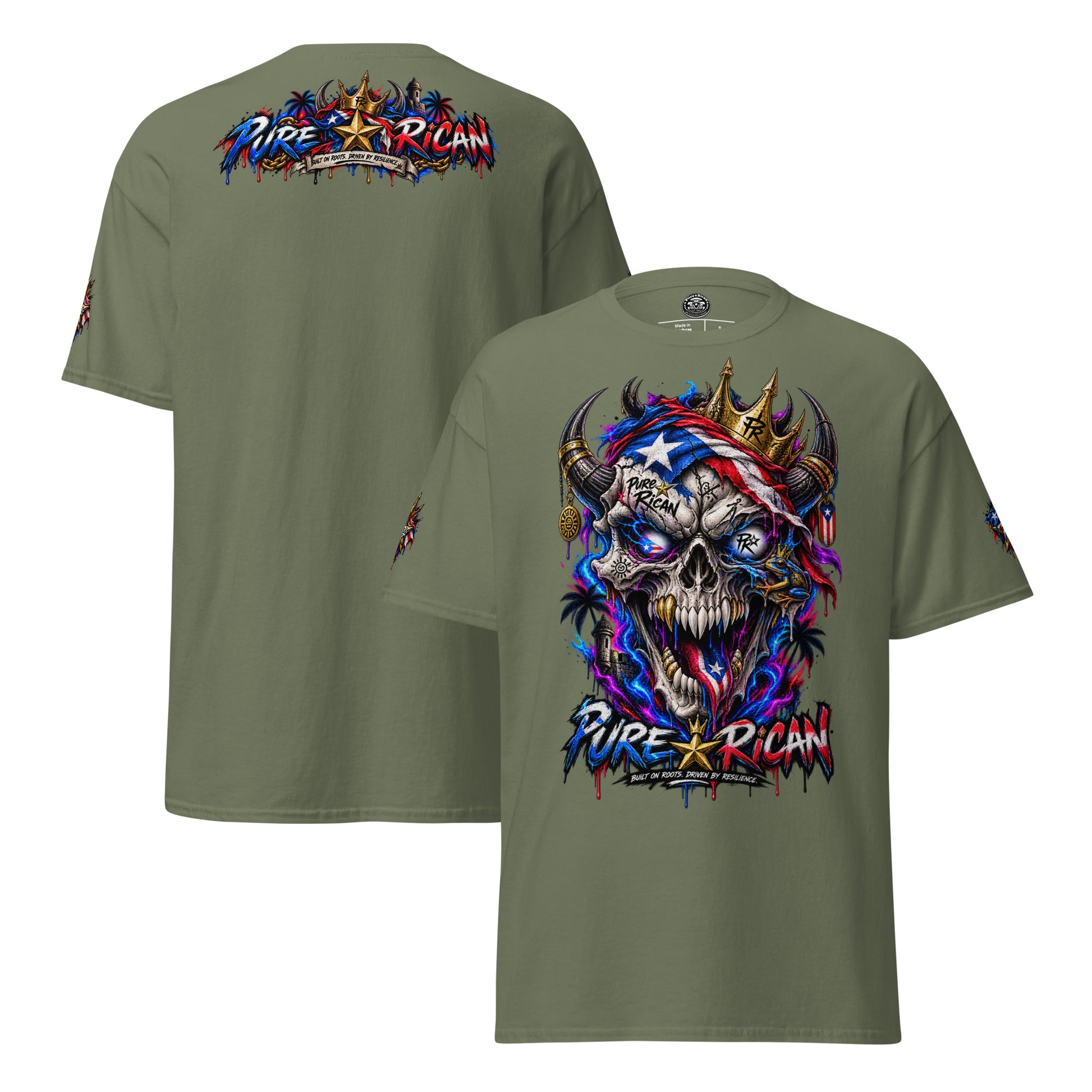 Pure⭐️Rican Crowned in Resilience tee in Military Green, alternate front and back mockup with oversized crowned Puerto Rican skull front graphic, heritage back design, and sleeve details