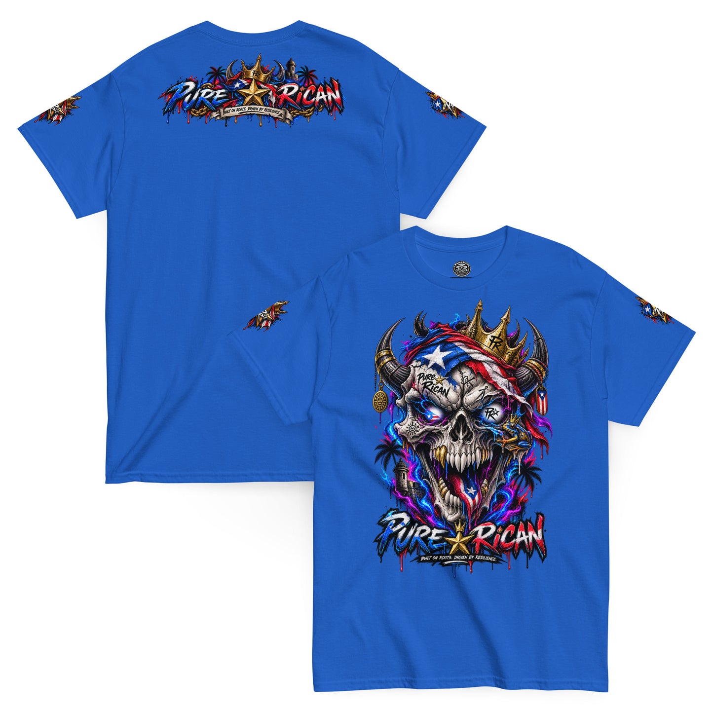 Pure⭐️Rican Crowned in Resilience tee in Royal, front and back mockup with oversized crowned Puerto Rican skull front graphic, heritage back design, and sleeve details
