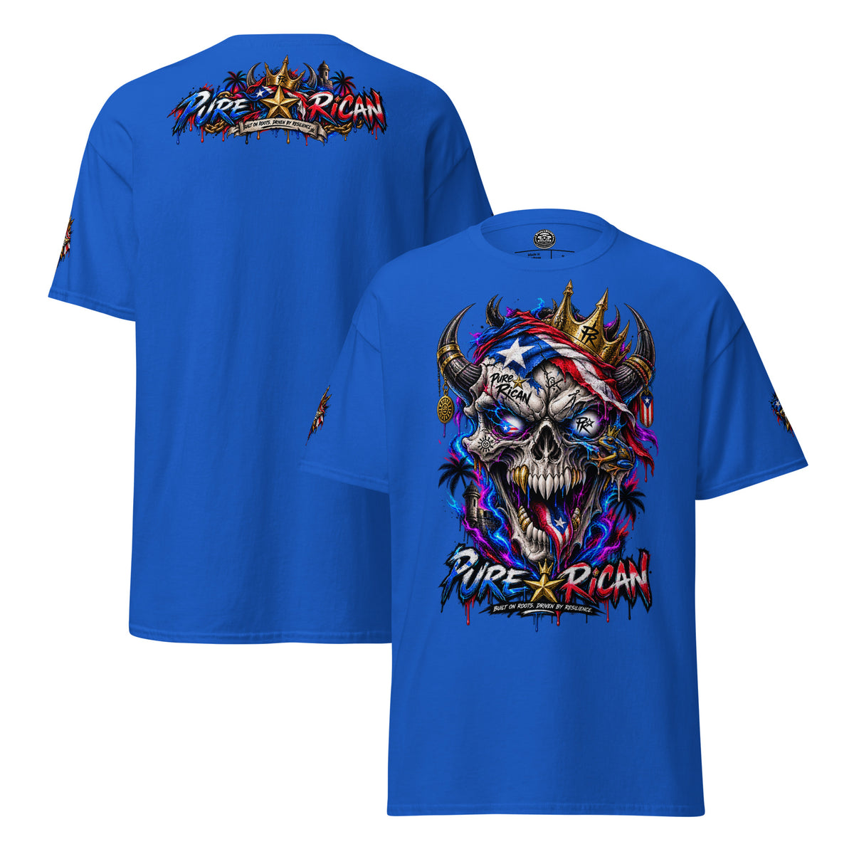 Pure⭐️Rican Crowned in Resilience tee in Royal, alternate front and back mockup with oversized crowned Puerto Rican skull front graphic, heritage back design, and sleeve details