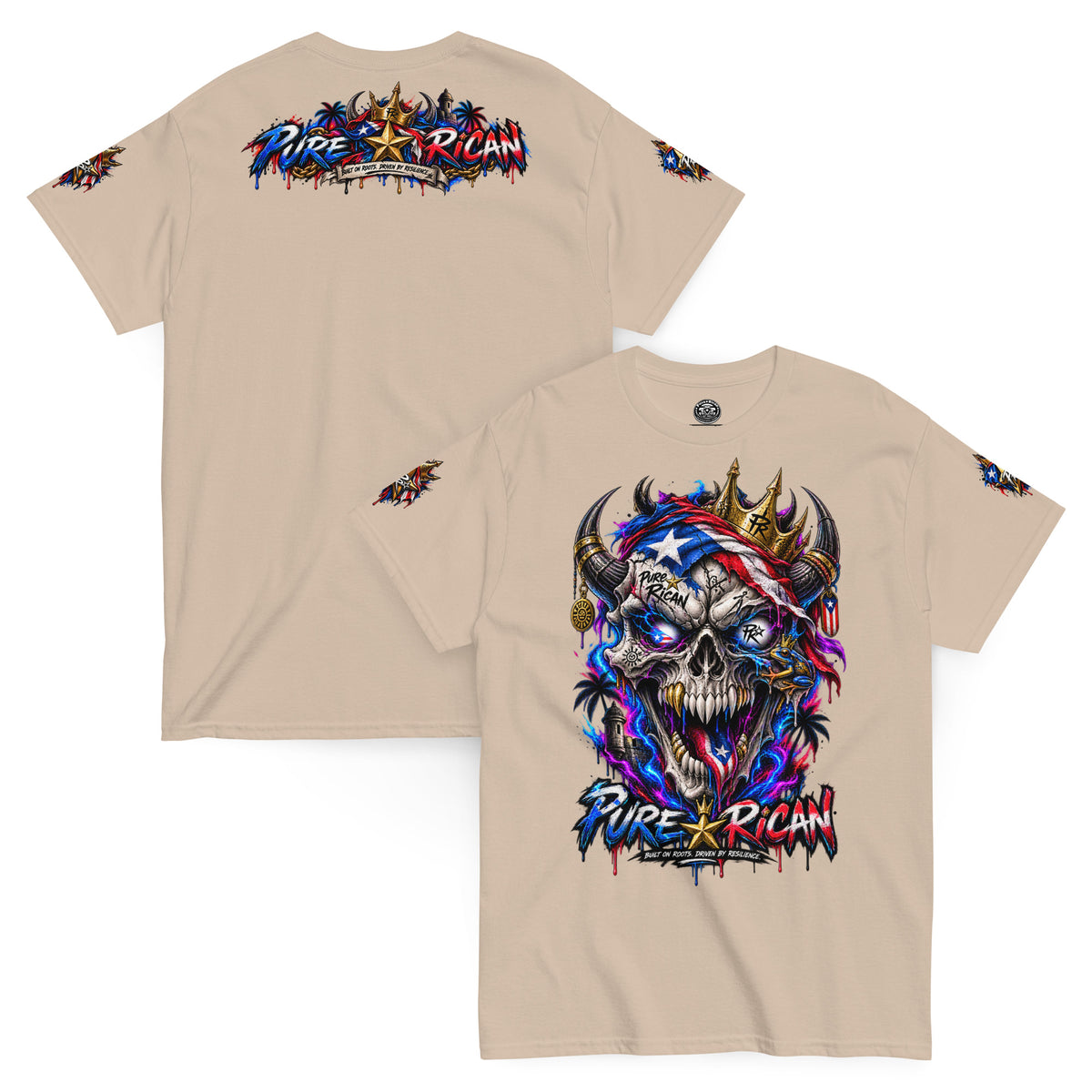 Pure⭐️Rican Crowned in Resilience tee in Sand, front and back mockup with oversized crowned Puerto Rican skull front graphic, heritage back design, and sleeve details