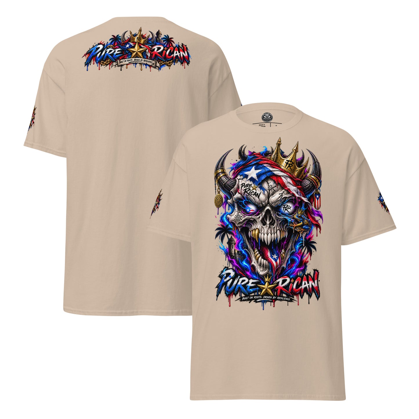Pure⭐️Rican Crowned in Resilience tee in Sand, alternate front and back mockup with oversized crowned Puerto Rican skull front graphic, heritage back design, and sleeve details