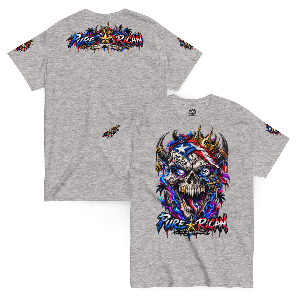 Pure⭐️Rican Crowned in Resilience tee in Sport Grey, front and back mockup with oversized crowned Puerto Rican skull front graphic, heritage back design, and sleeve details