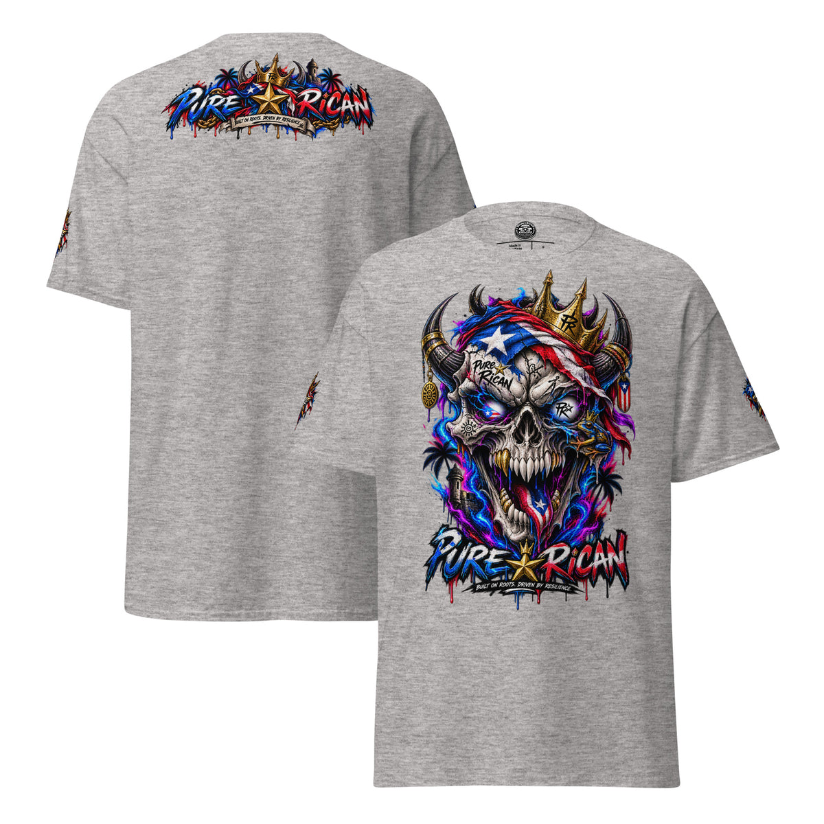 Pure⭐️Rican Crowned in Resilience tee in Sport Grey, alternate front and back mockup with oversized crowned Puerto Rican skull front graphic, heritage back design, and sleeve details