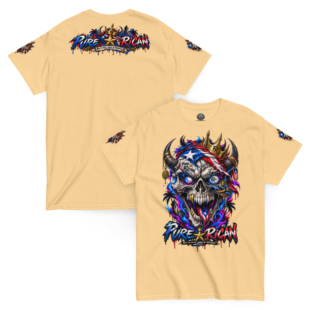 Pure⭐️Rican Crowned in Resilience tee in Yellow Haze, front and back mockup with oversized crowned Puerto Rican skull front graphic, heritage back design, and sleeve details