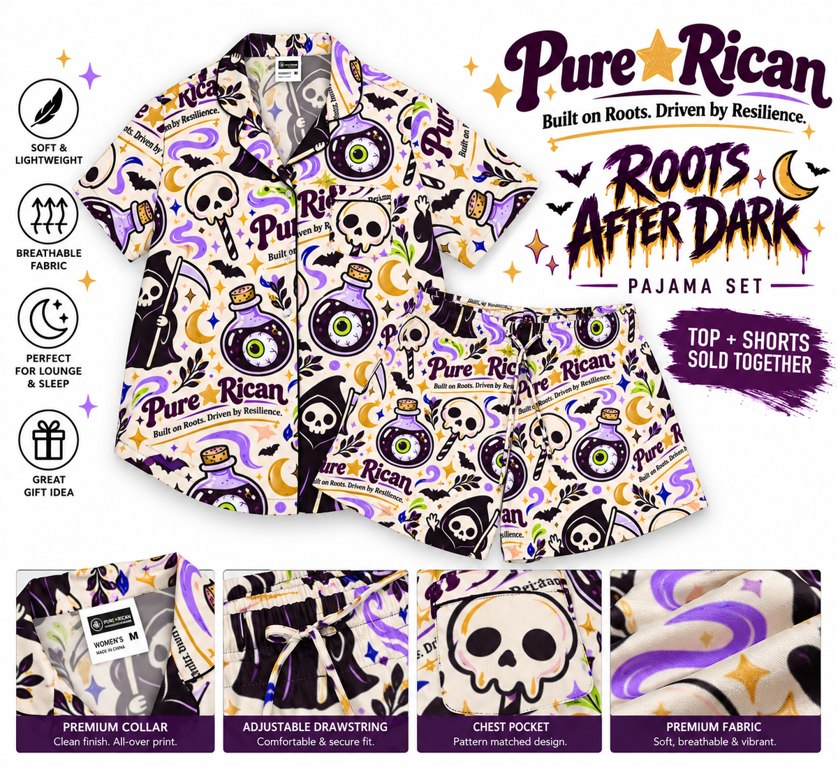Pure⭐️Rican Roots After Dark Halloween pajama set with matching satin top and shorts