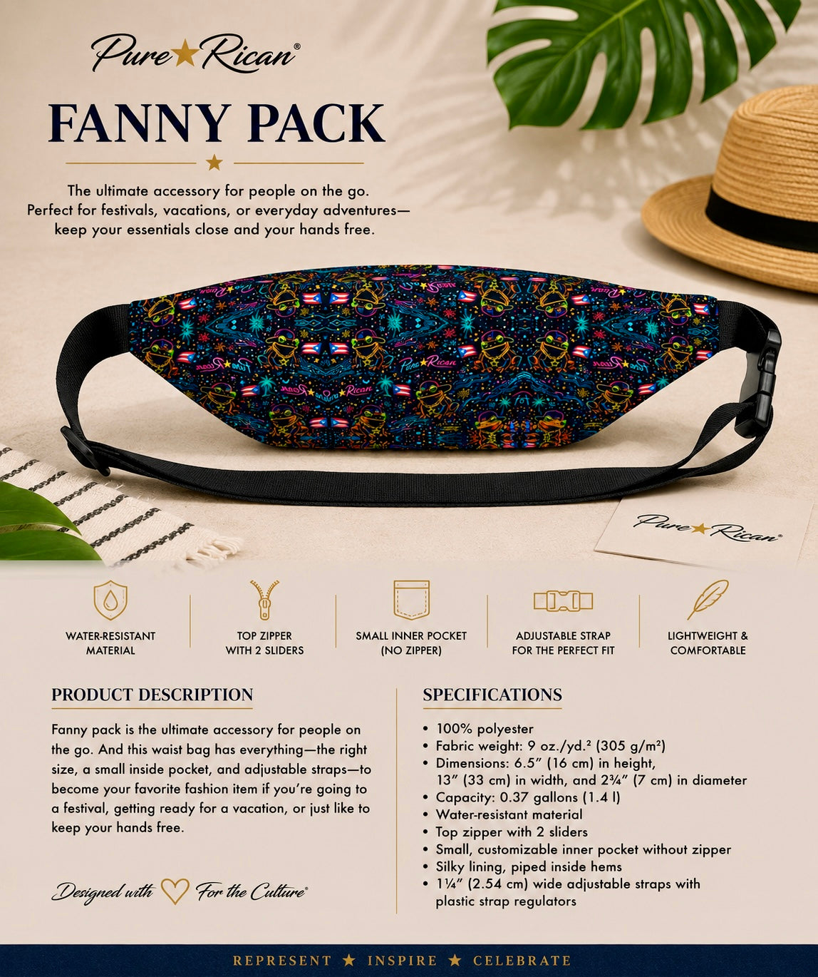 Back view of the Pure⭐️Rican Sapo Galaxy Midnight Fanny Pack featuring colorful Puerto Rican inspired Sapo pattern, adjustable strap, and lightweight everyday waist bag design.