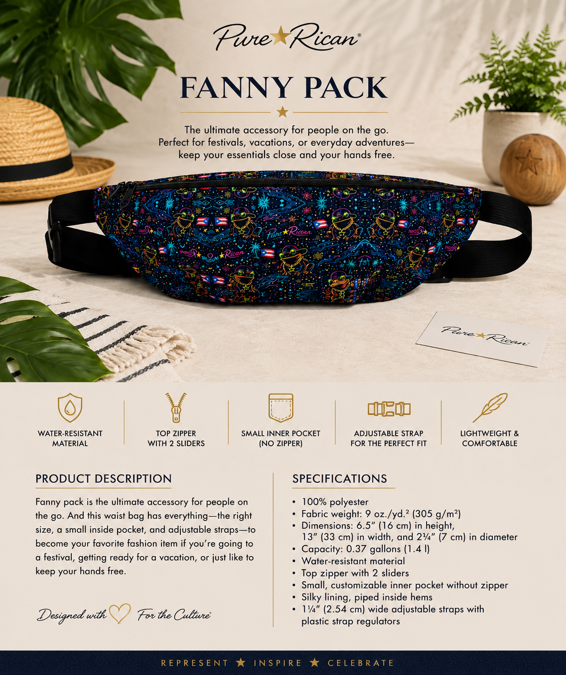 Pure⭐️Rican Sapo Galaxy Midnight Fanny Pack front view featuring Puerto Rican inspired neon Sapo pattern, adjustable strap, water-resistant material, and premium travel-ready waist bag design.