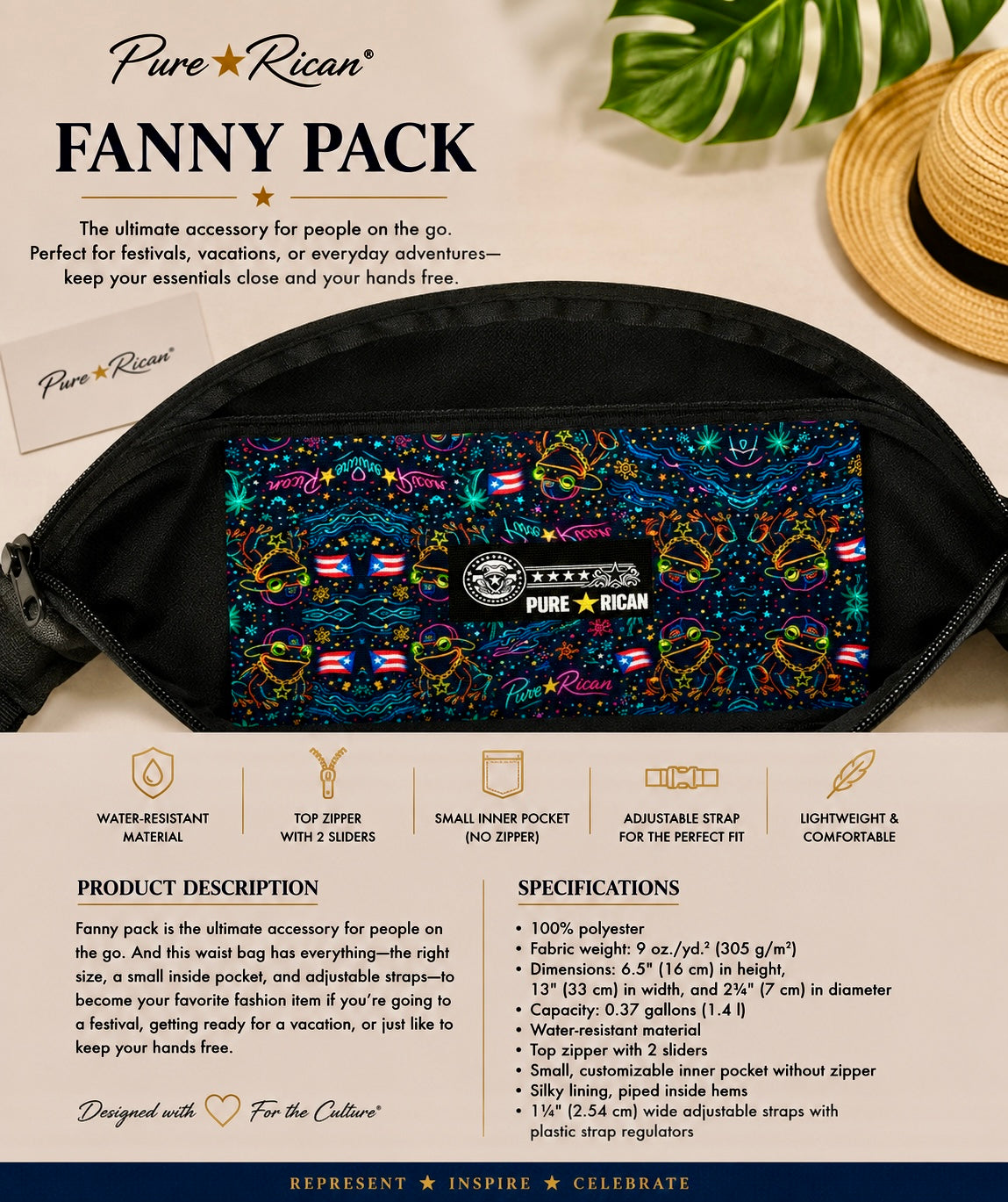 Inside pocket view of the Pure⭐️Rican Sapo Galaxy Midnight Fanny Pack showing inner storage compartment, premium lining, and colorful Puerto Rican inspired Sapo pattern interior.