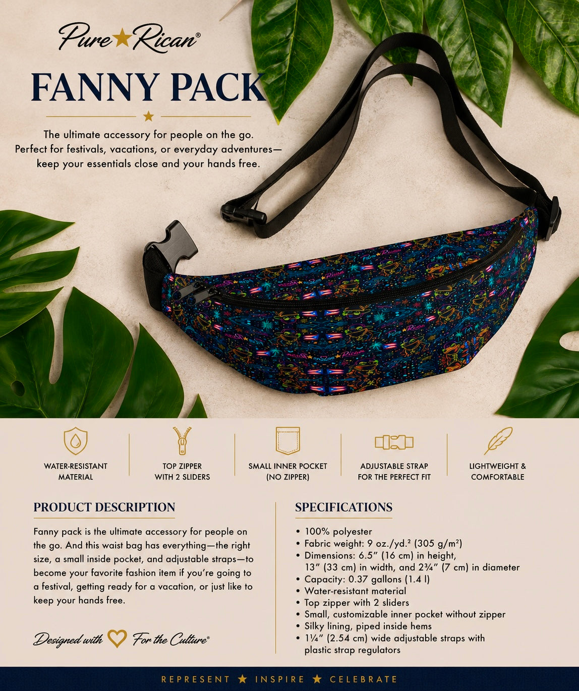 Lifestyle flat lay of the Pure⭐️Rican Sapo Galaxy Midnight Fanny Pack surrounded by tropical leaves, showcasing a vibrant Puerto Rican inspired travel and festival waist bag.