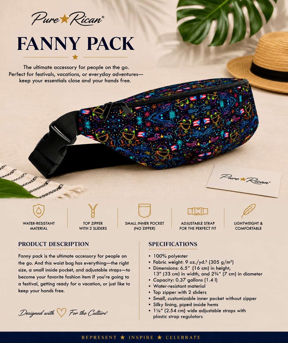 Right angle view of the Pure⭐️Rican Sapo Galaxy Midnight Fanny Pack showcasing vibrant Puerto Rican inspired Sapo pattern, dual zipper closure, adjustable strap, and premium crossbody waist bag style.