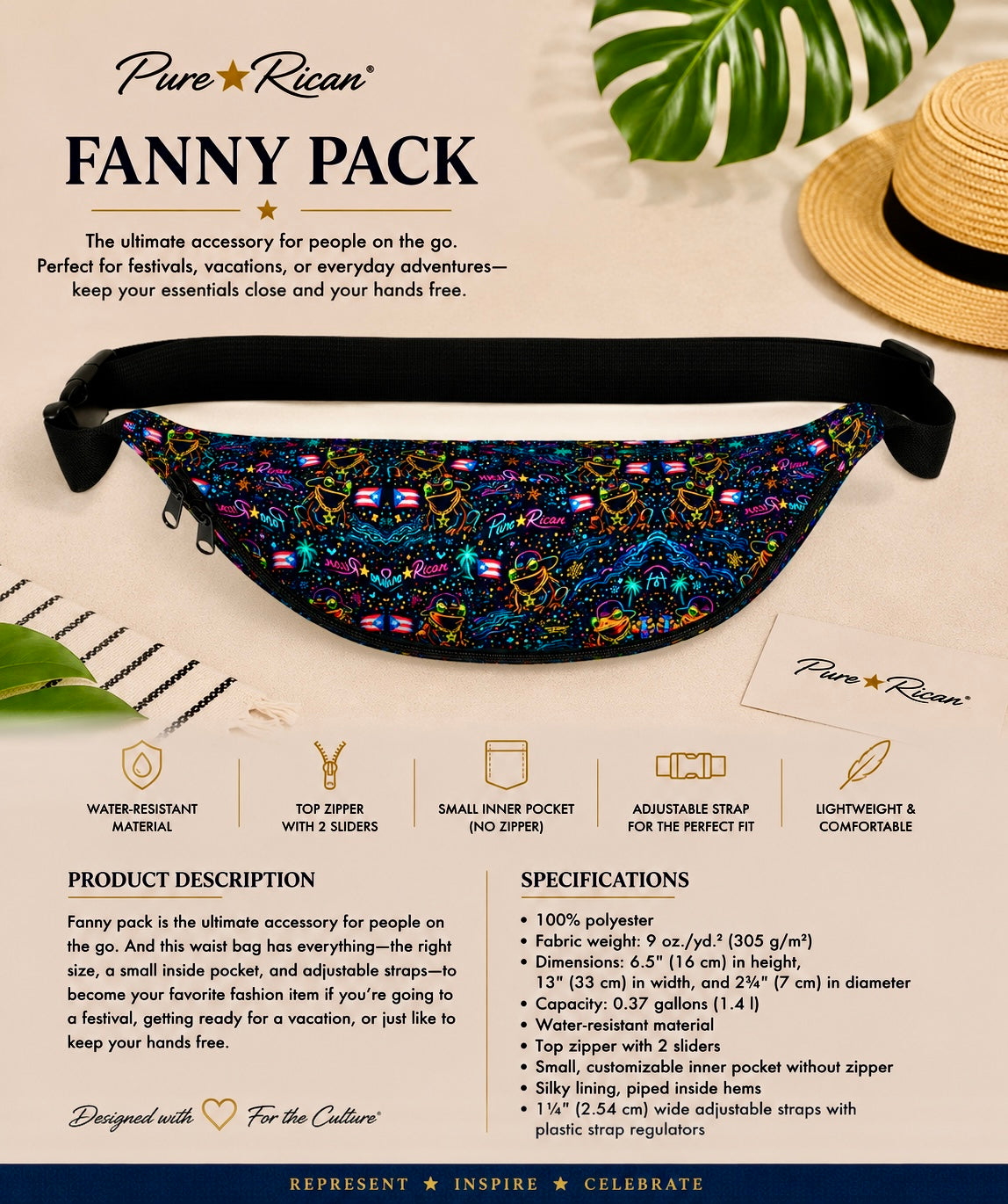 Top view of the Pure⭐️Rican Sapo Galaxy Midnight Fanny Pack highlighting dual zipper opening, premium Sapo Galaxy Midnight pattern, and adjustable waist strap.