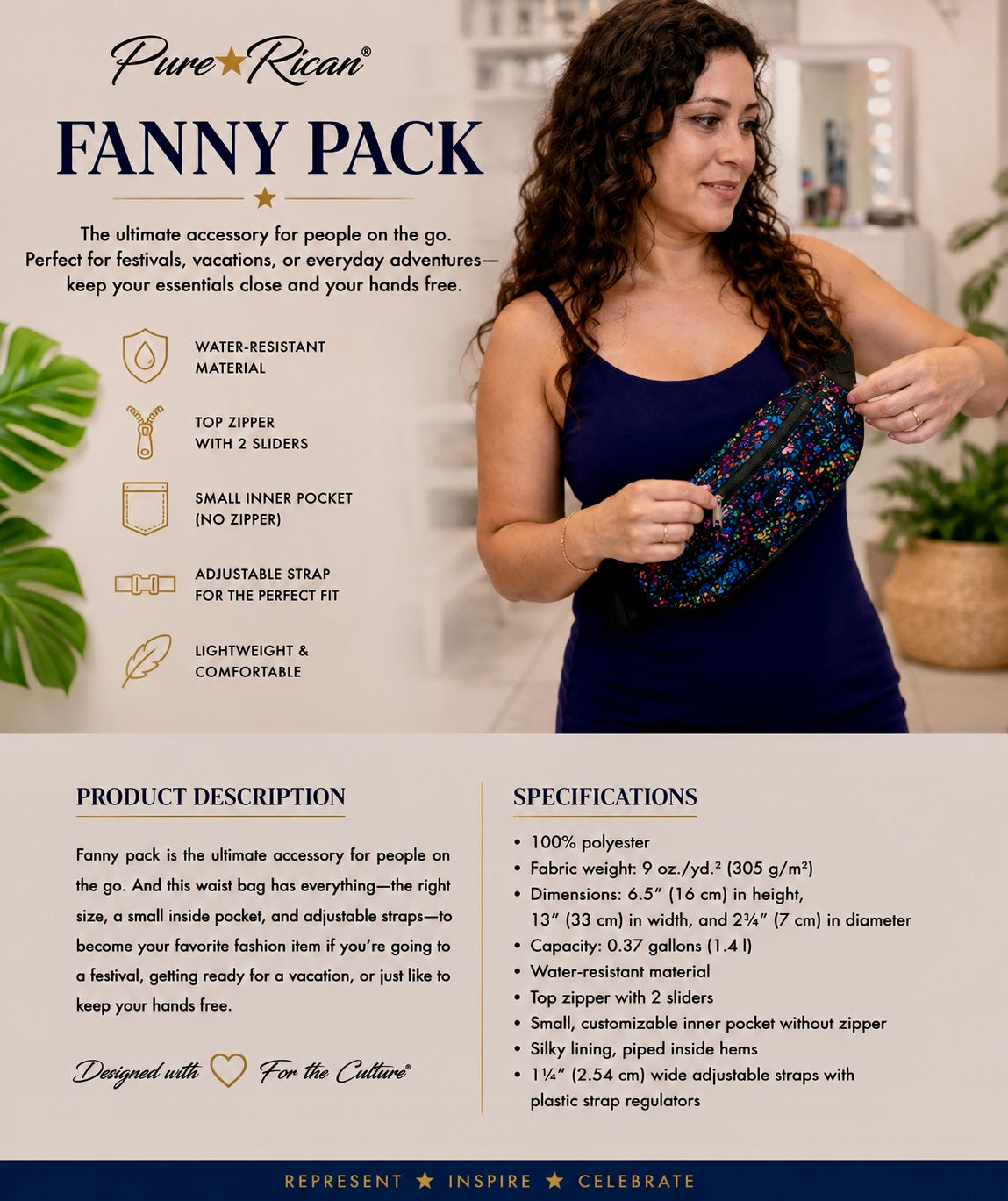 Woman wearing the Pure⭐️Rican Sapo Galaxy Midnight Fanny Pack, showcasing a stylish Puerto Rican inspired crossbody waist bag for travel, festivals, and everyday wear.