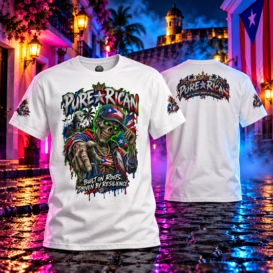 Pure⭐️Rican Built on Roots Driven by Resilience Skeleton Graphic Tee premium product image showing front and back white shirt