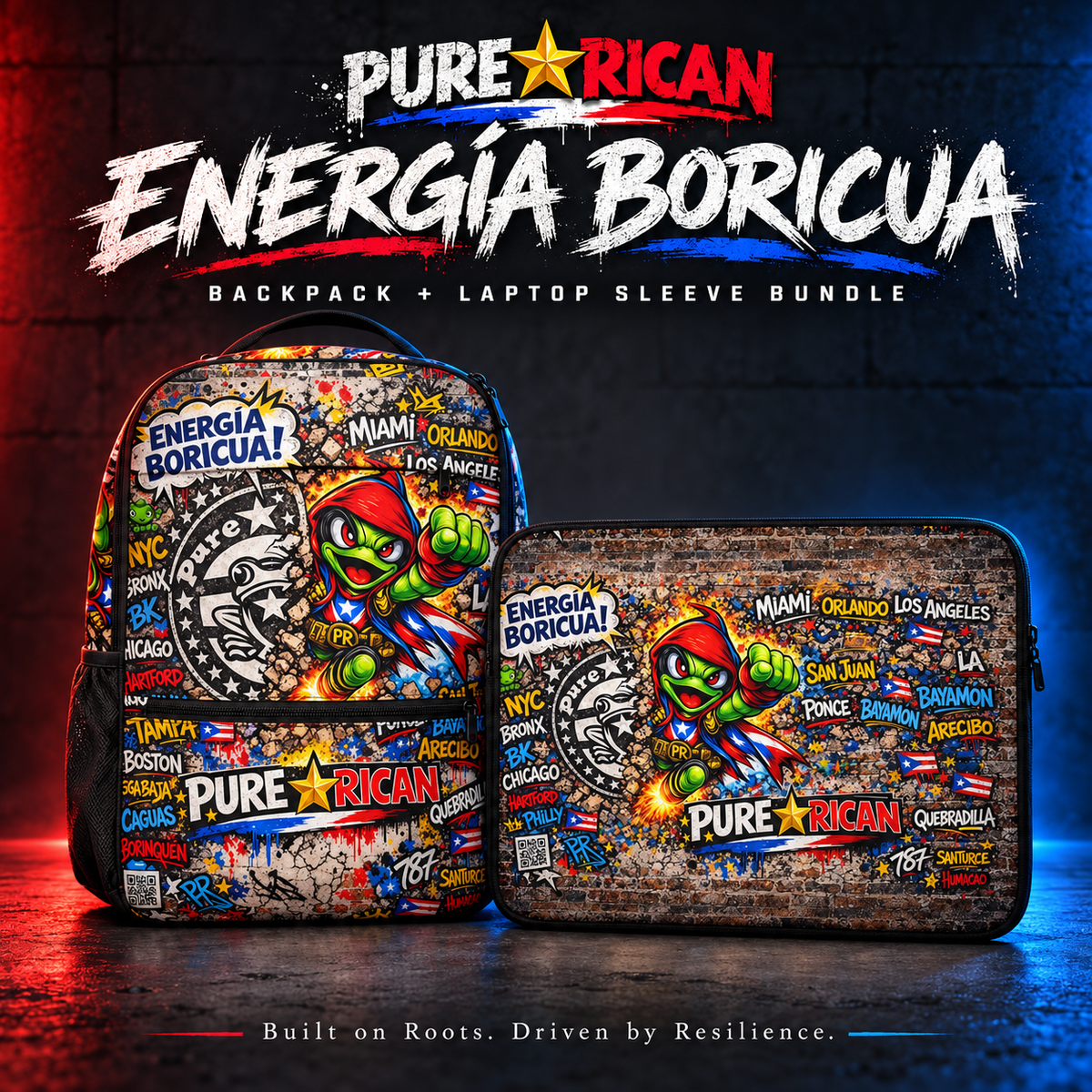 Pure⭐️Rican Energía Boricua backpack and matching laptop sleeve bundle — premium studio image. Built on Roots. Driven by Resilience.