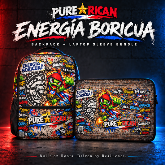 Pure⭐️Rican Energía Boricua backpack and matching laptop sleeve bundle — premium studio image. Built on Roots. Driven by Resilience.