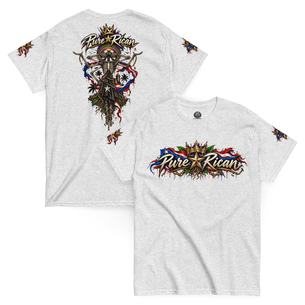 Pure⭐️Rican Heritage Skeleton Back Tee in Ash with crown logo front and oversized Puerto Rican-inspired skeleton back artwork