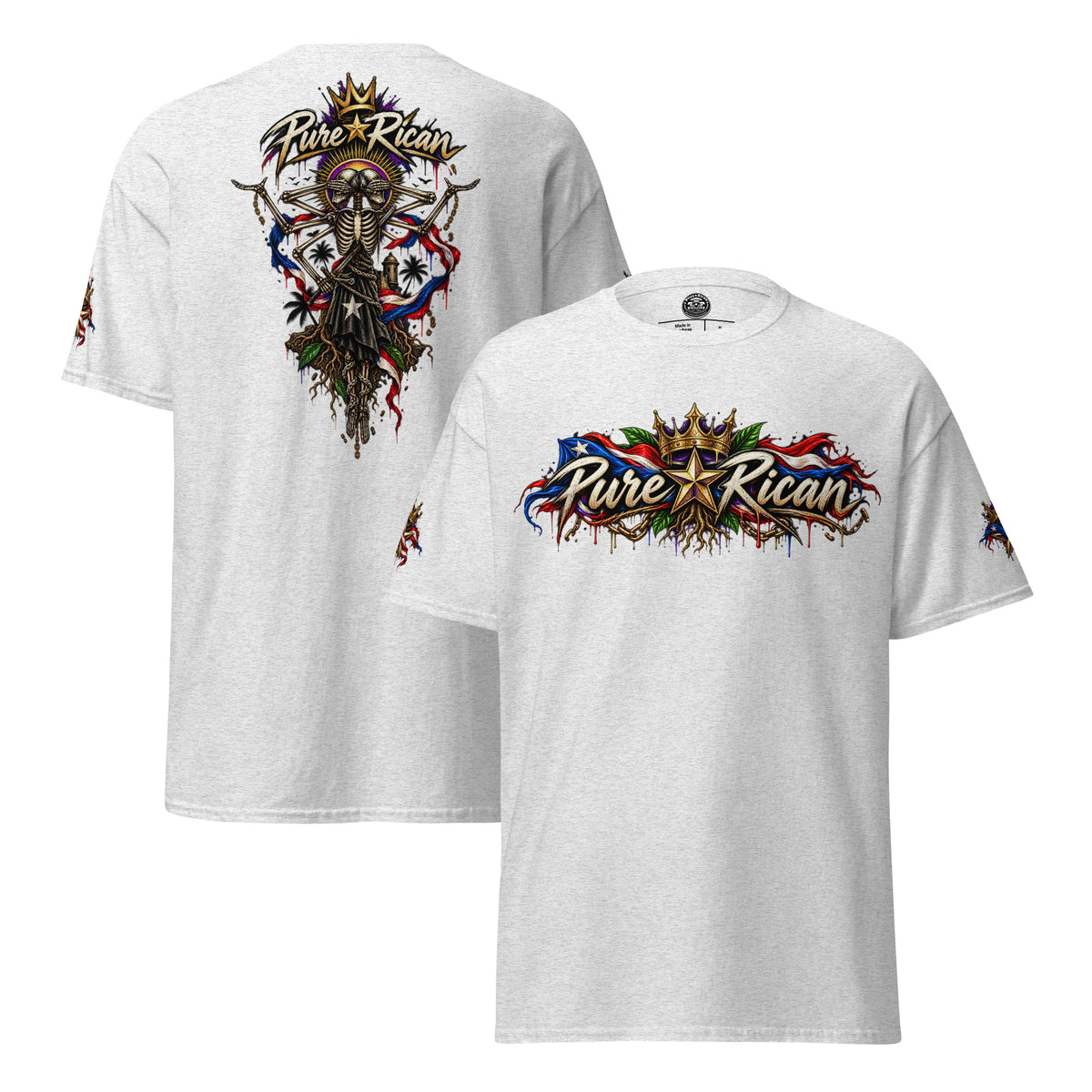 Pure⭐️Rican Heritage Skeleton Back Tee in Ash showing front logo, oversized back graphic, and sleeve details