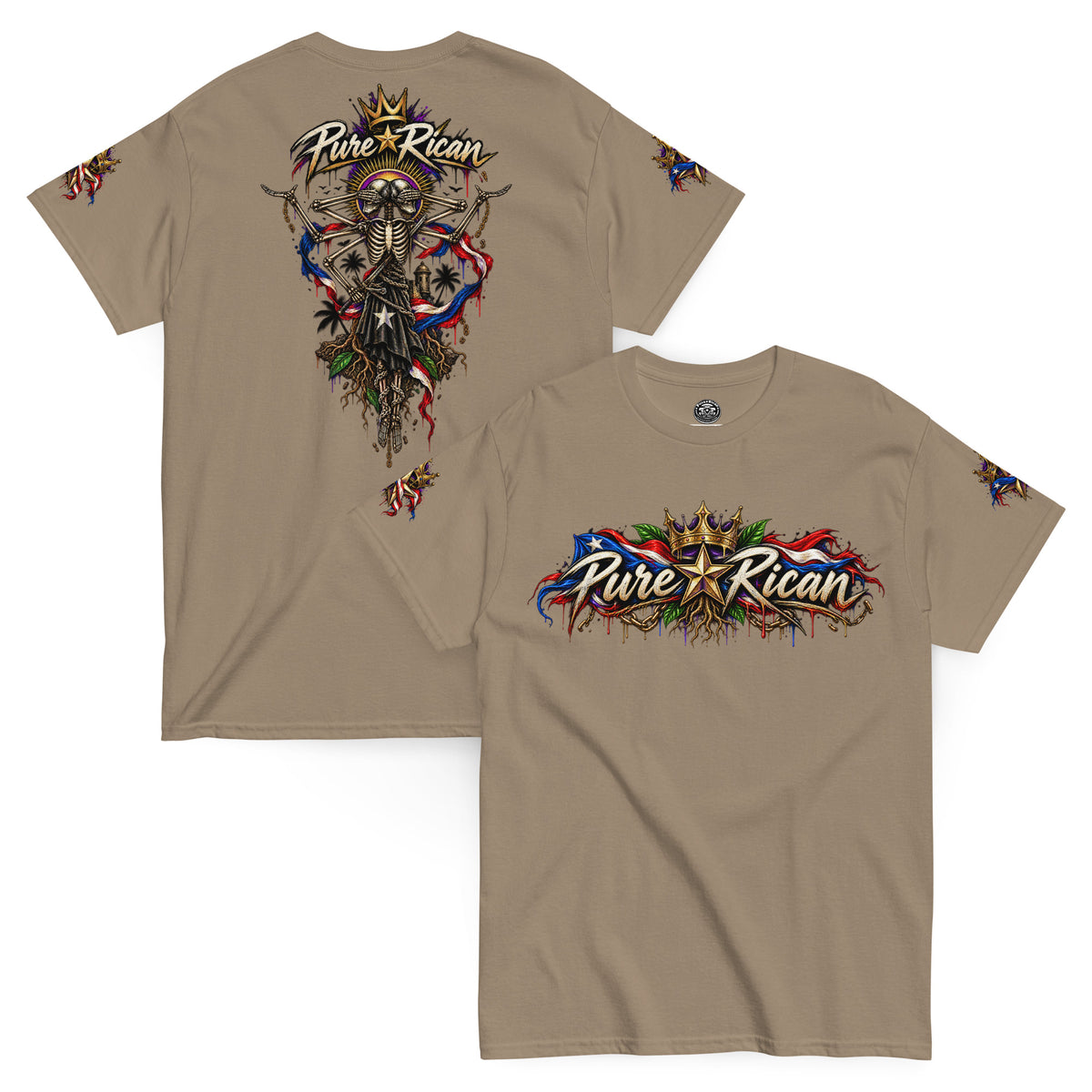 Pure⭐️Rican Heritage Skeleton Back Tee in Brown Savana with crown logo front and oversized Puerto Rican-inspired skeleton back artwork