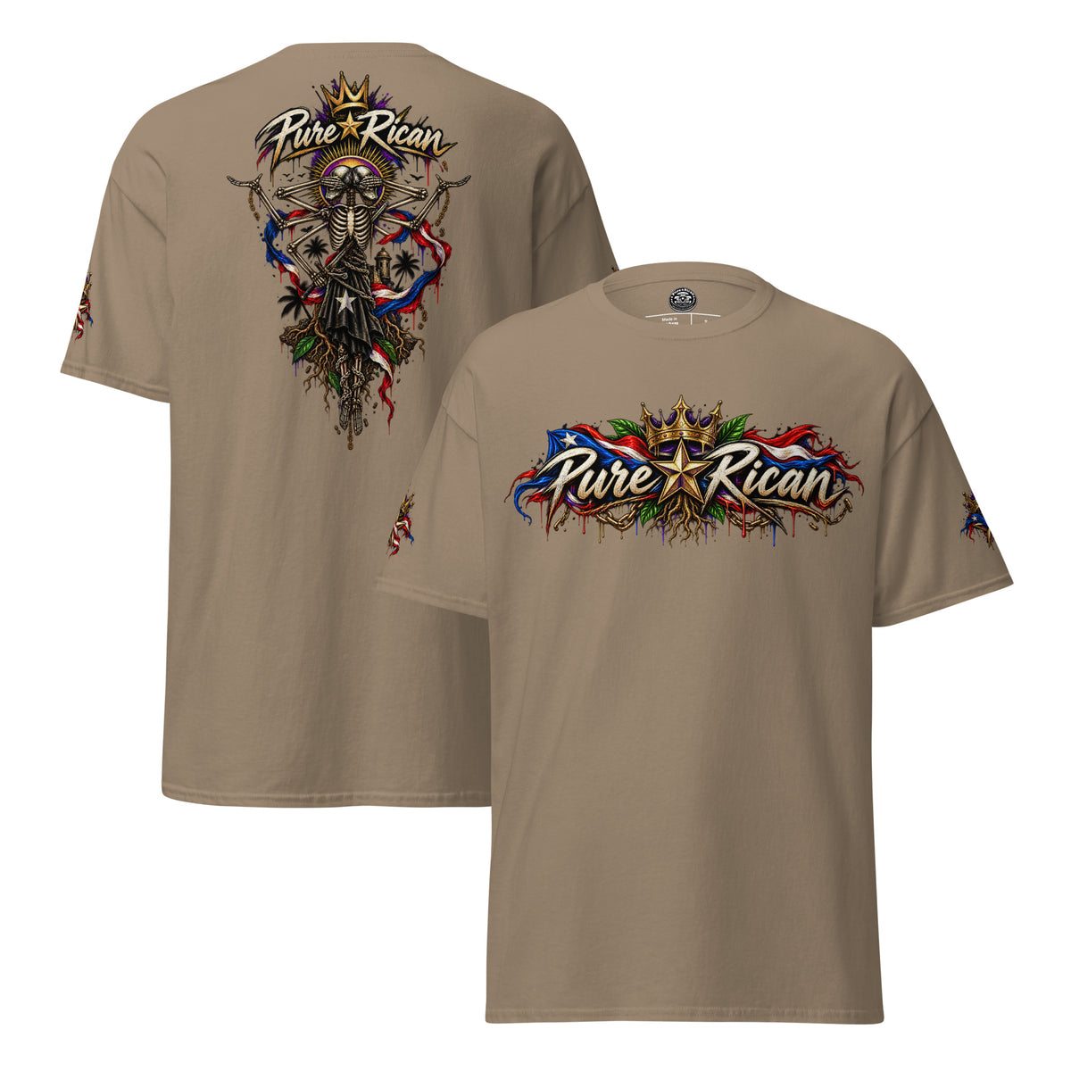 Pure⭐️Rican Heritage Skeleton Back Tee in Brown Savana showing front logo, oversized back graphic, and sleeve details